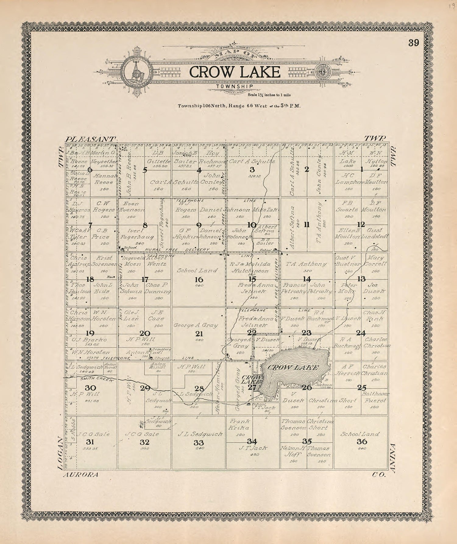Map of Crow Lake Township from Standard Atlas of Jerauld County, South Dakota : Including a Plat Book of the Villages, Cities and Townships of the County, Map of the State, United States and World, Patrons Directory, Reference … 1909 by Relic Map Company