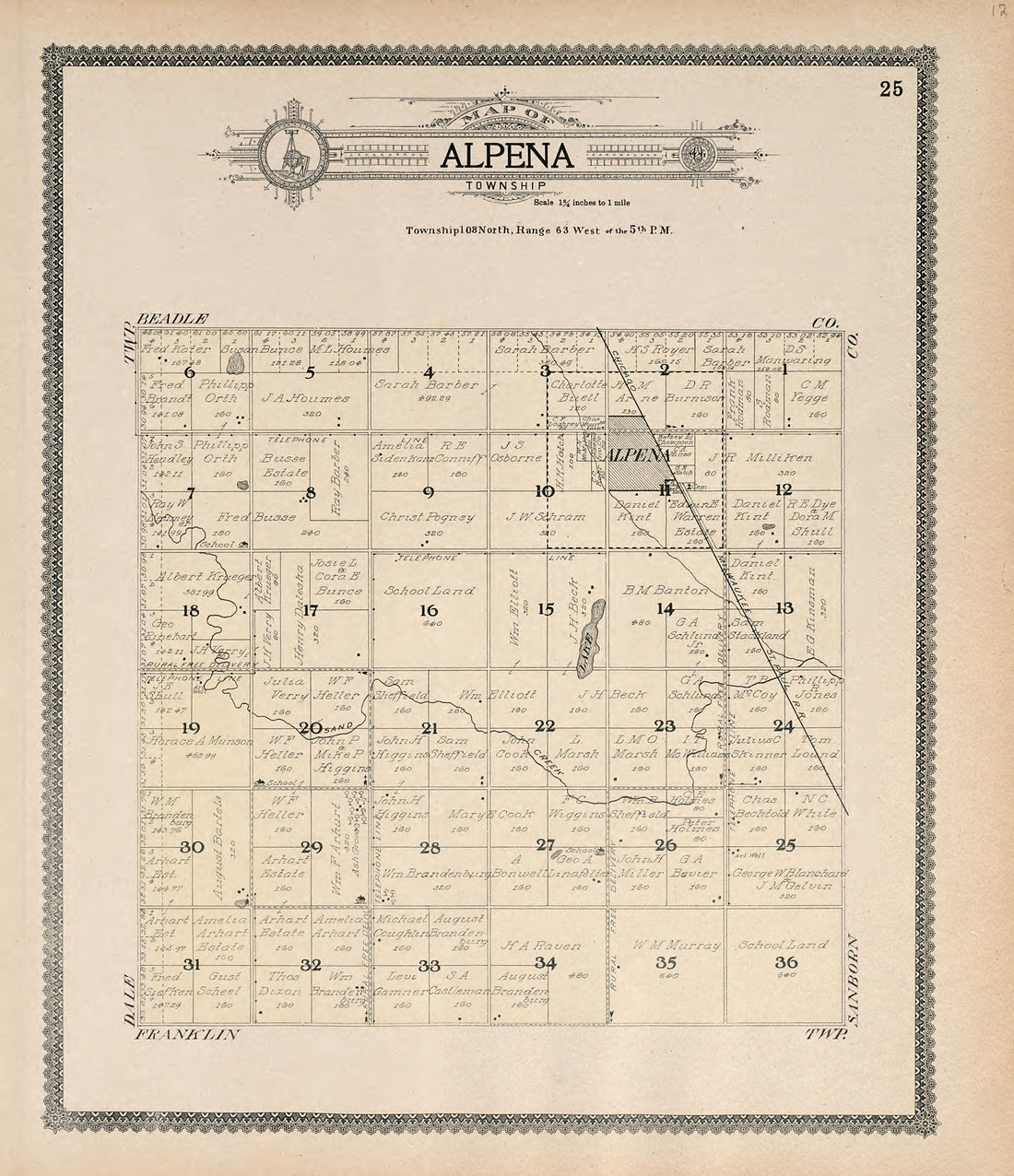 Map of Alpena Township from Standard Atlas of Jerauld County, South Dakota : Including a Plat Book of the Villages, Cities and Townships of the County, Map of the State, United States and World, Patrons Directory, Reference … 1909 by Relic Map Company