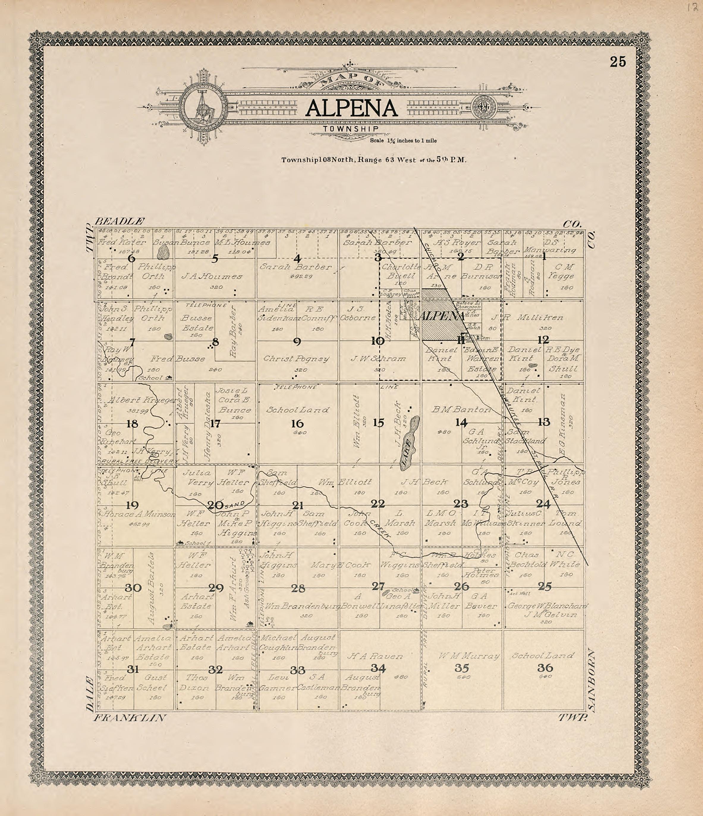 Map of Alpena Township from Standard Atlas of Jerauld County, South Dakota : Including a Plat Book of the Villages, Cities and Townships of the County, Map of the State, United States and World, Patrons Directory, Reference … 1909 by Relic Map Company