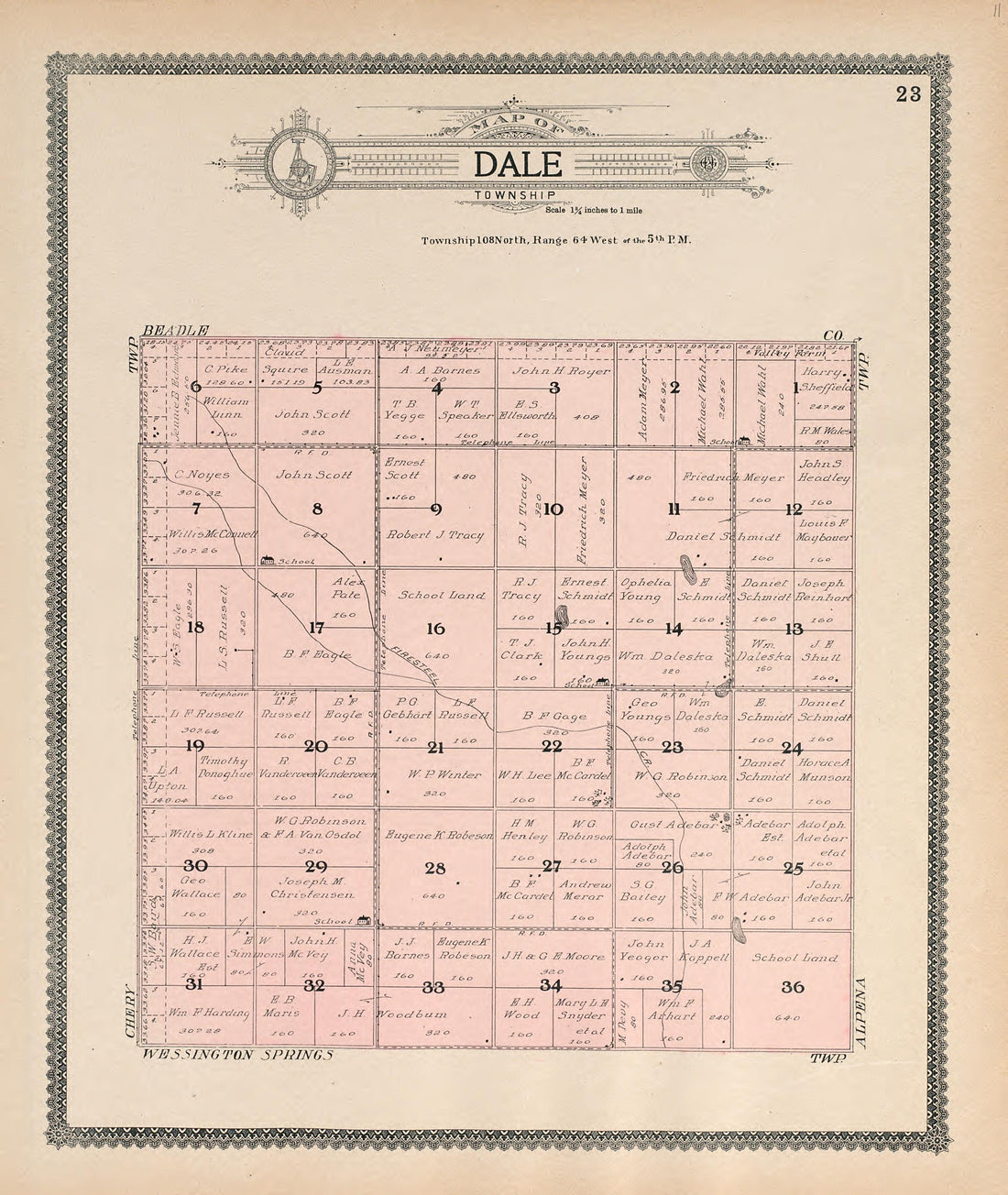 Map of Dale Township from Standard Atlas of Jerauld County, South Dakota : Including a Plat Book of the Villages, Cities and Townships of the County, Map of the State, United States and World, Patrons Directory, Reference … 1909 by Relic Map Company