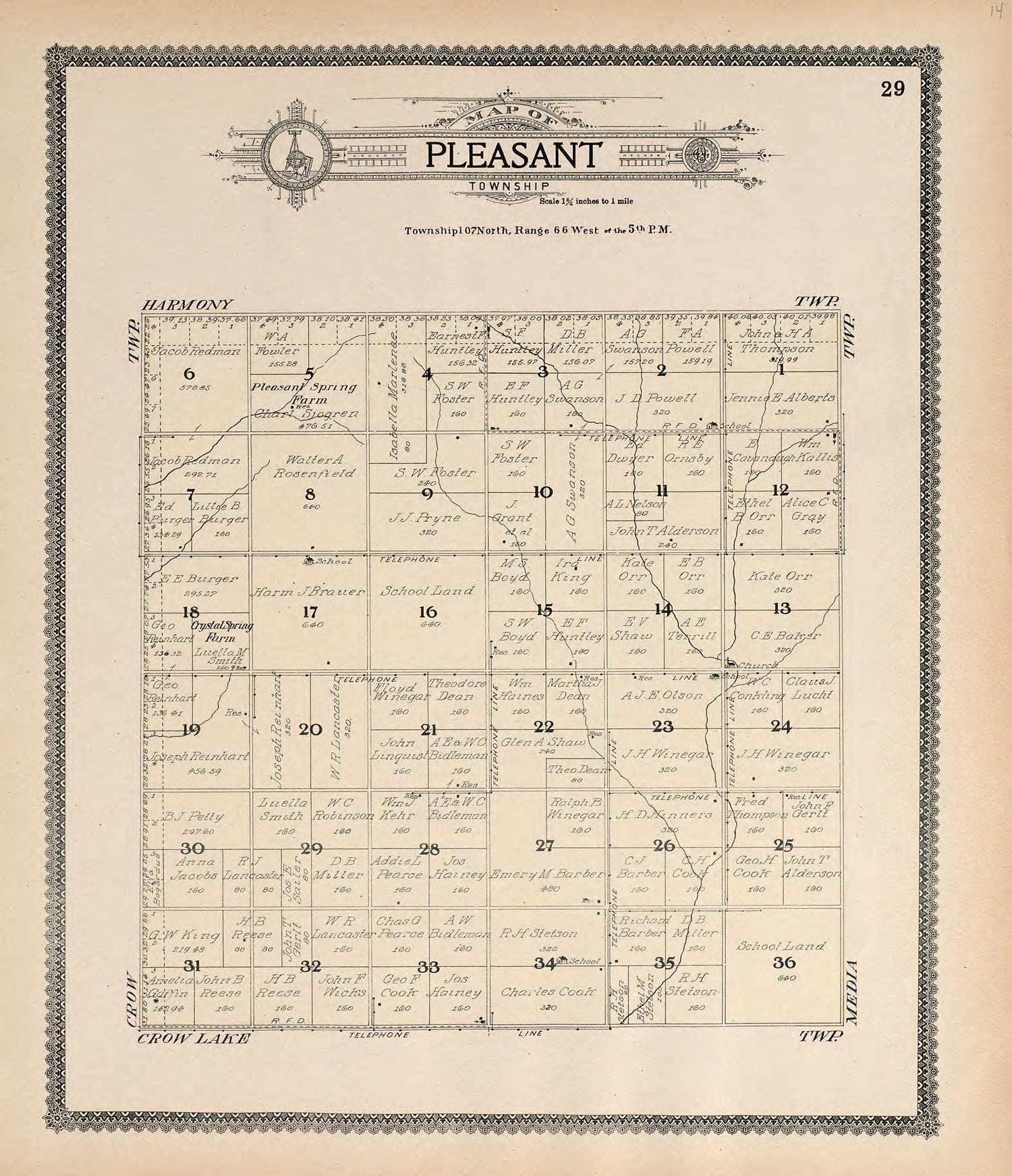 Map of Pleasant Township from Standard Atlas of Jerauld County, South Dakota : Including a Plat Book of the Villages, Cities and Townships of the County, Map of the State, United States and World, Patrons Directory, Reference … 1909 by Relic Map Company