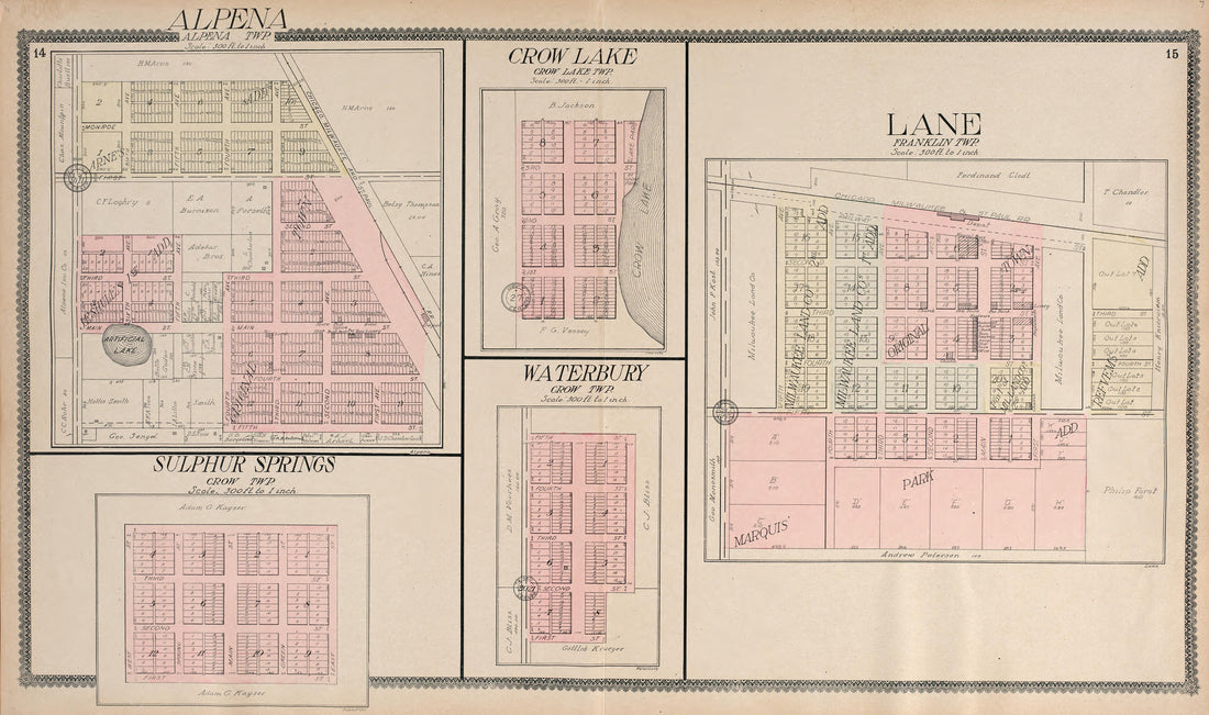 Alpena; Crow Lake; Lane; Sulphur Springs; Waterbury from Standard Atlas of Jerauld County, South Dakota : Including a Plat Book of the Villages, Cities and Townships of the County, Map of the State, United States and World, Patrons Directory, Referenc... by Relic Map Company