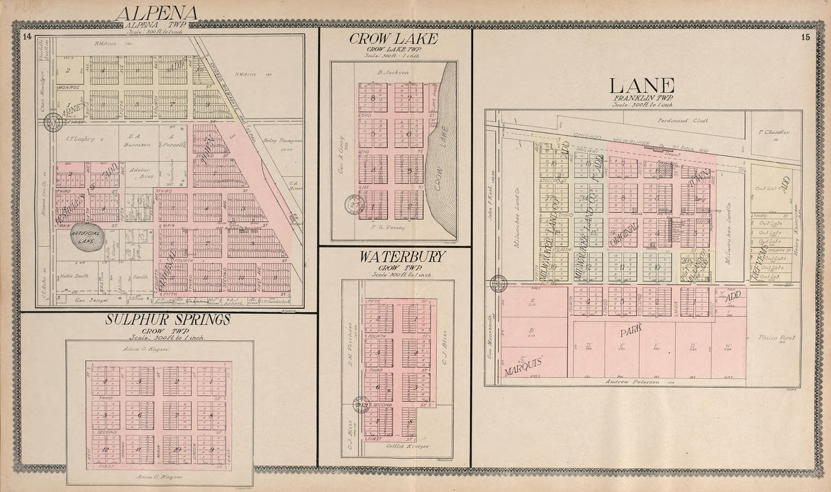 Alpena; Crow Lake; Lane; Sulphur Springs; Waterbury from Standard Atlas of Jerauld County, South Dakota : Including a Plat Book of the Villages, Cities and Townships of the County, Map of the State, United States and World, Patrons Directory, Referenc... by Relic Map Company
