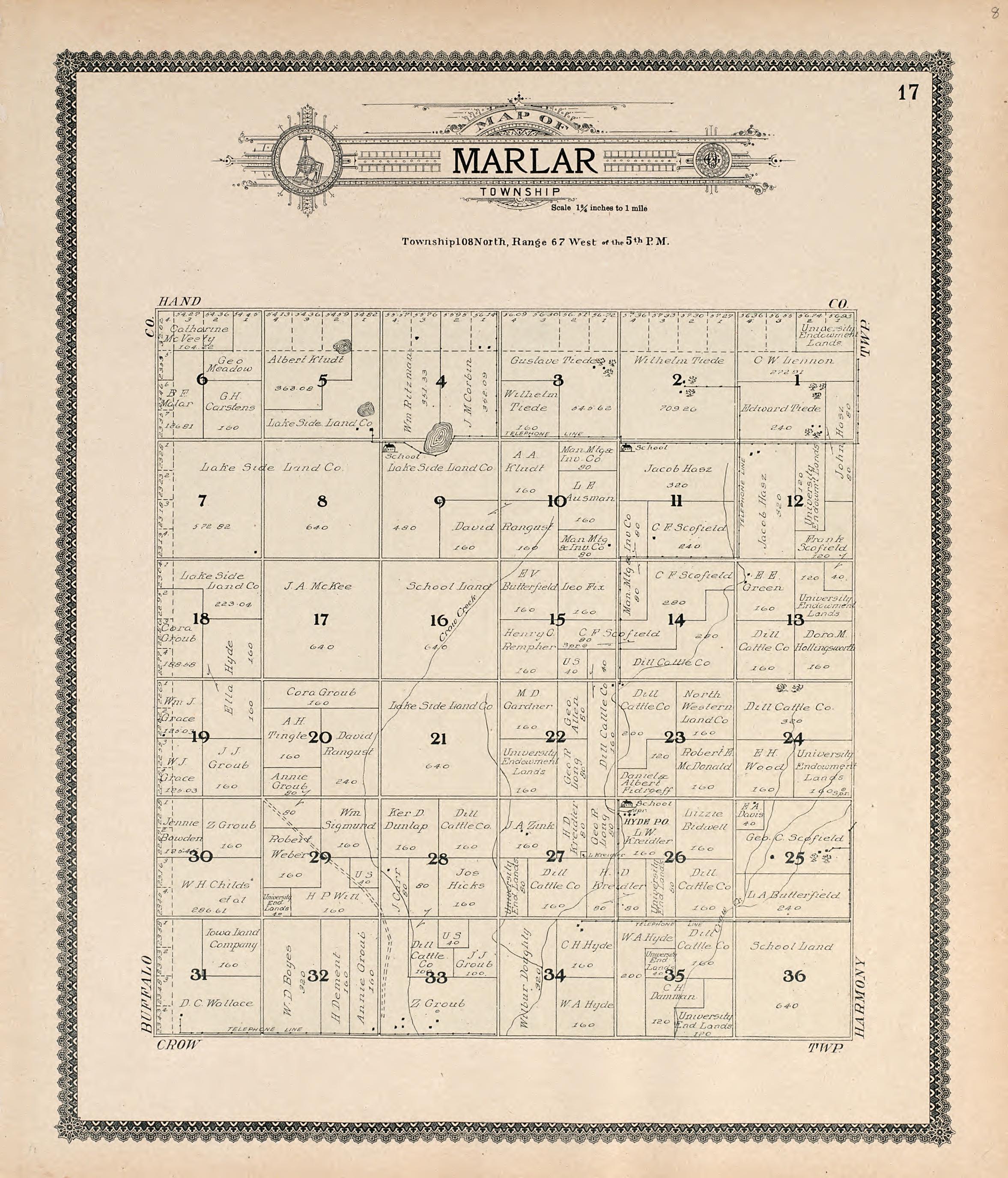 Map of Marla Township from Standard Atlas of Jerauld County, South Dakota : Including a Plat Book of the Villages, Cities and Townships of the County, Map of the State, United States and World, Patrons Directory, Reference … 1909 by Relic Map Company