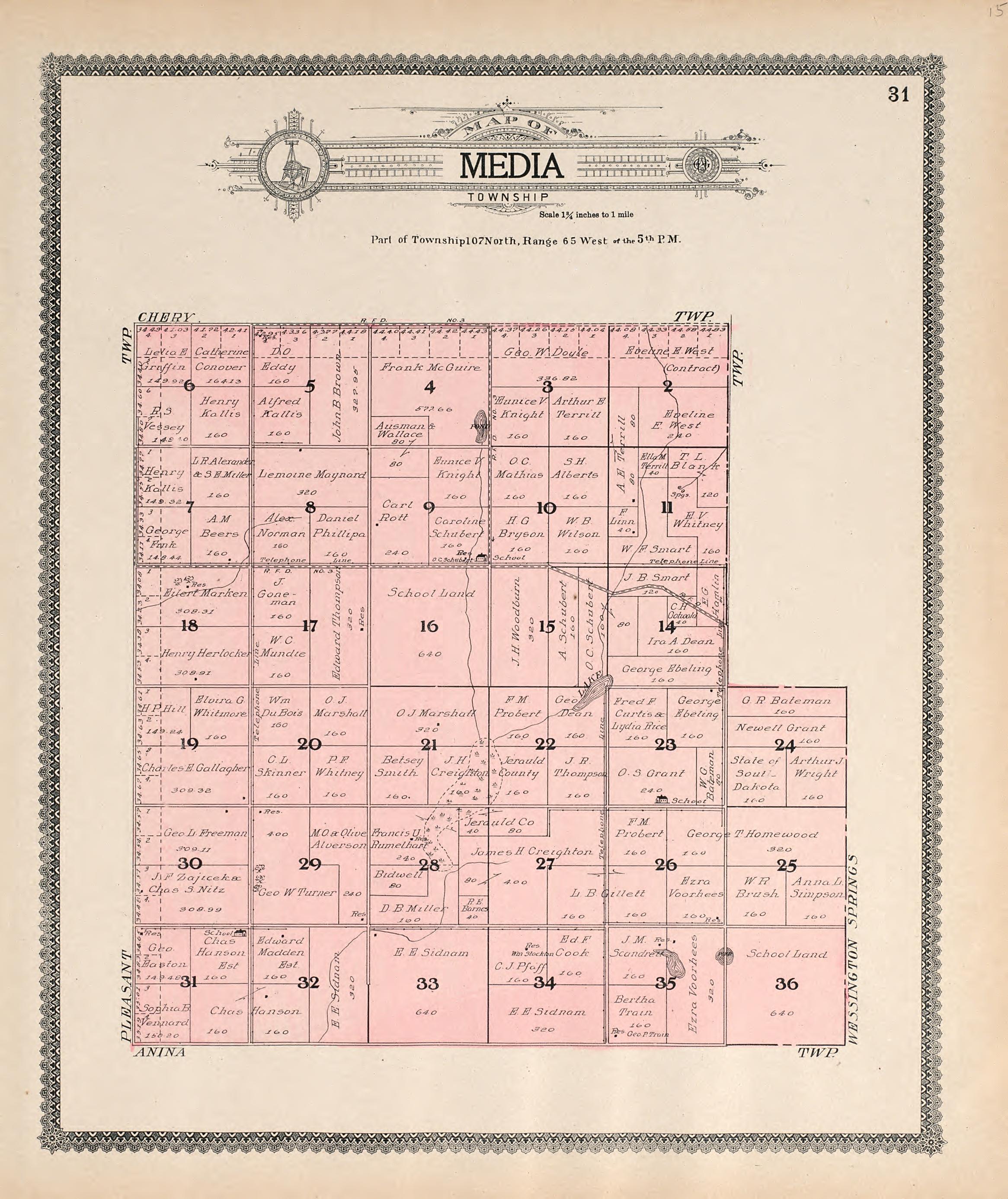 Map of Media Township from Standard Atlas of Jerauld County, South Dakota : Including a Plat Book of the Villages, Cities and Townships of the County, Map of the State, United States and World, Patrons Directory, Reference … 1909 by Relic Map Company