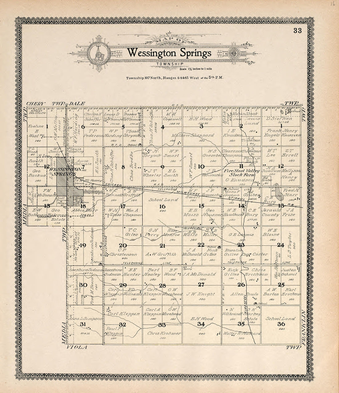 Map of Wessington Springs Township from Standard Atlas of Jerauld County, South Dakota : Including a Plat Book of the Villages, Cities and Townships of the County, Map of the State, United States and World, Patrons Directory, Reference … 1909 by Relic Map Company