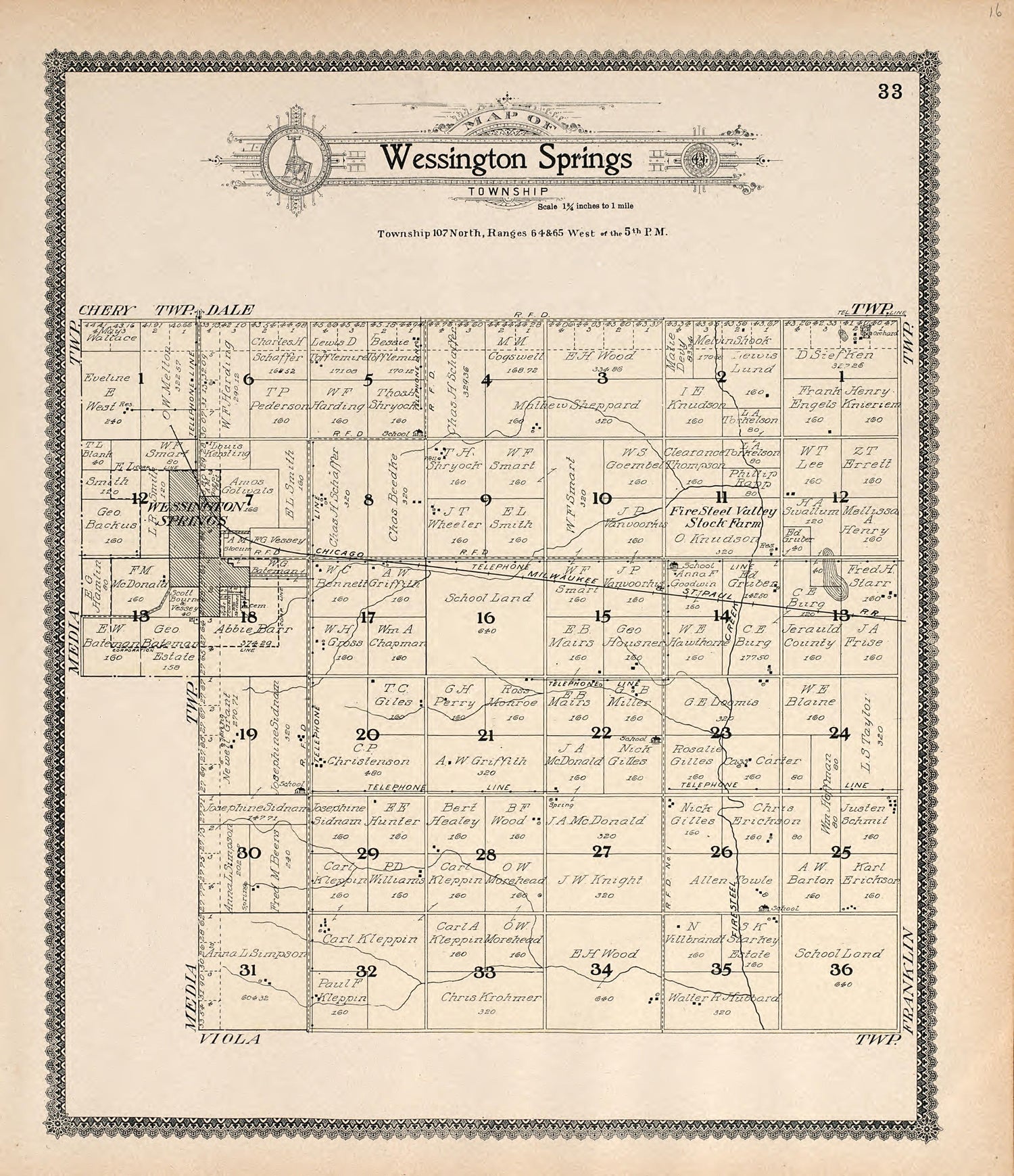 Map of Wessington Springs Township from Standard Atlas of Jerauld County, South Dakota : Including a Plat Book of the Villages, Cities and Townships of the County, Map of the State, United States and World, Patrons Directory, Reference … 1909 by Relic Map Company