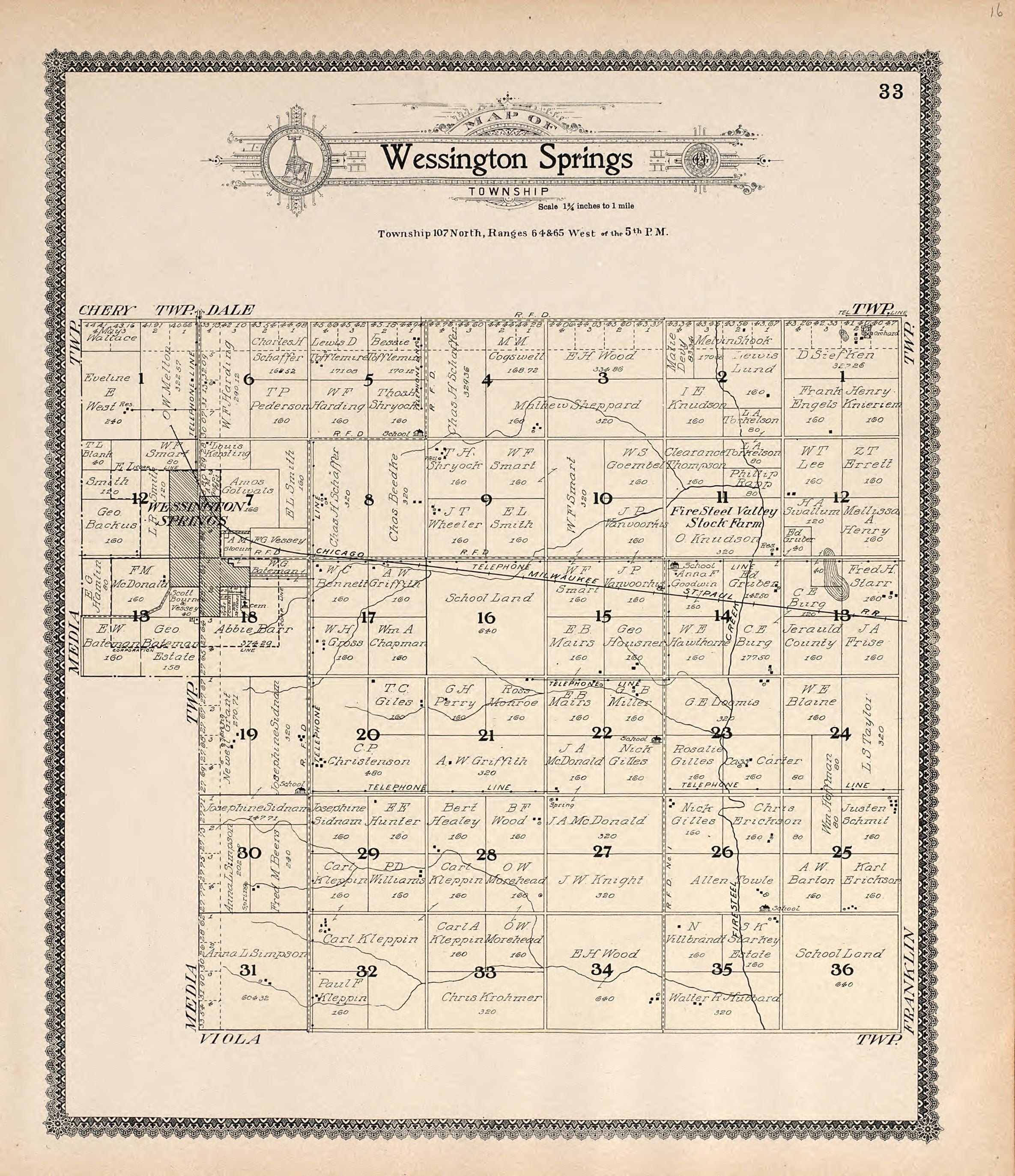 Map of Wessington Springs Township from Standard Atlas of Jerauld County, South Dakota : Including a Plat Book of the Villages, Cities and Townships of the County, Map of the State, United States and World, Patrons Directory, Reference … 1909 by Relic Map Company
