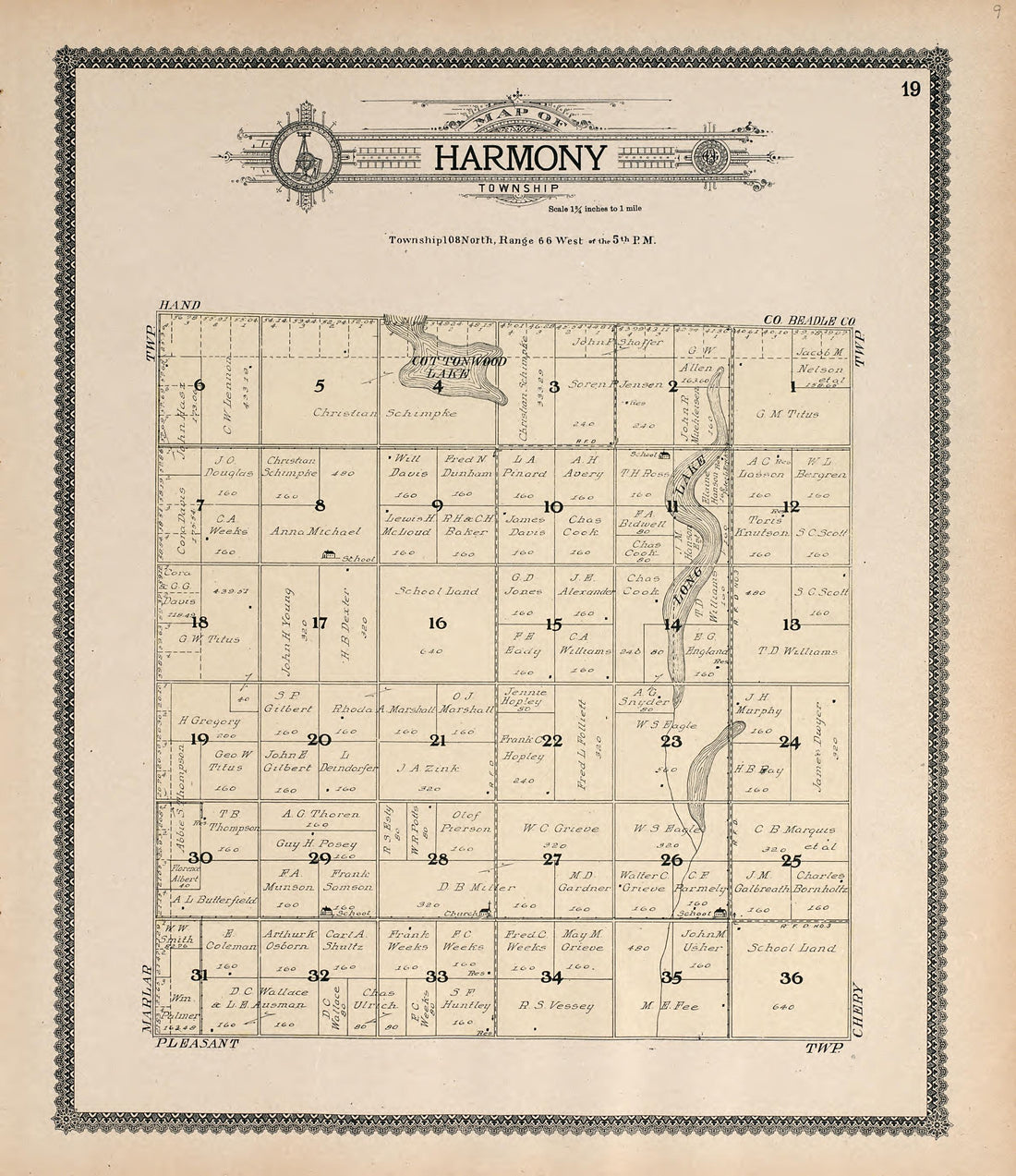 Map of Harmony Township from Standard Atlas of Jerauld County, South Dakota : Including a Plat Book of the Villages, Cities and Townships of the County, Map of the State, United States and World, Patrons Directory, Reference … 1909 by Relic Map Company