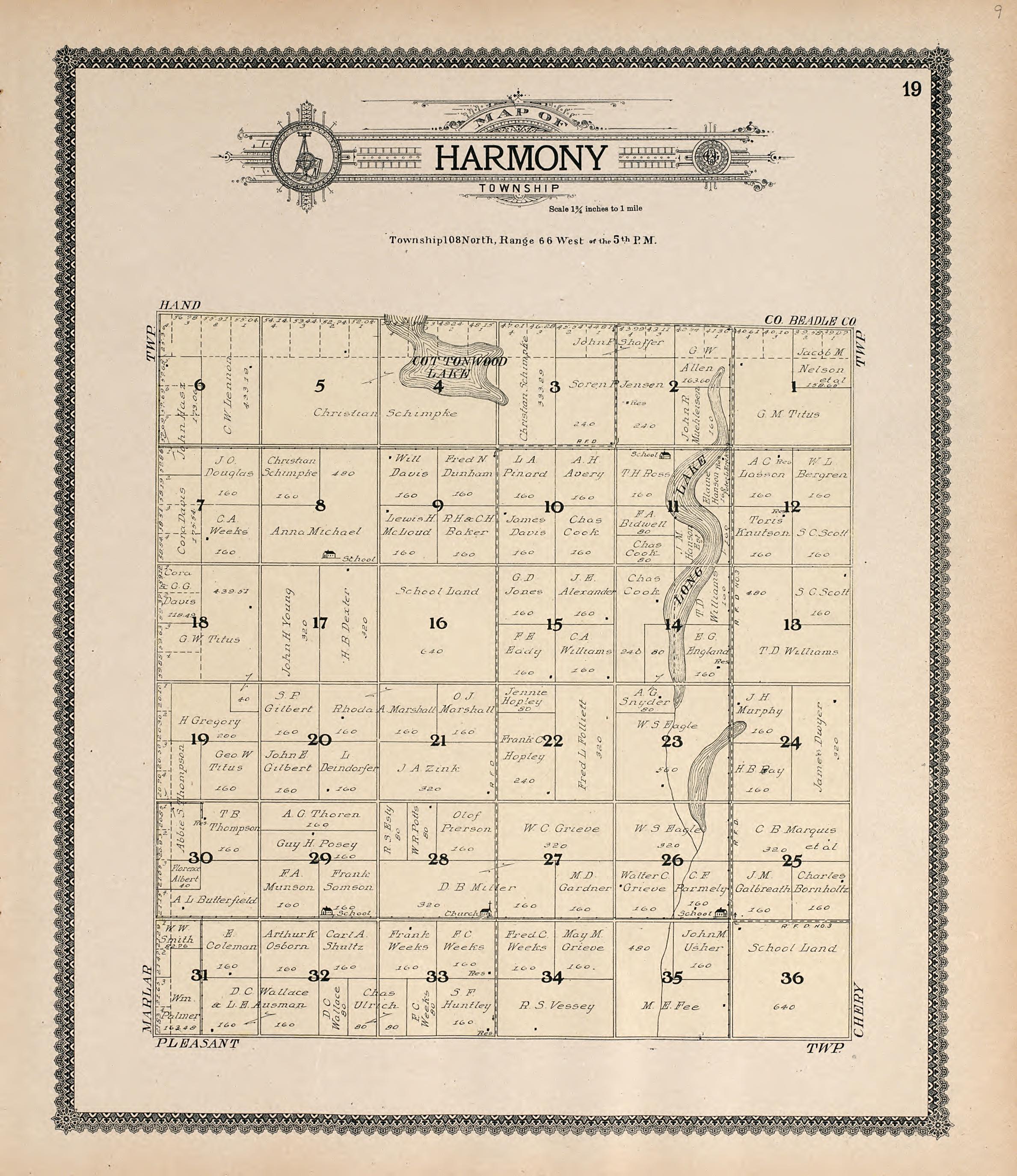 Map of Harmony Township from Standard Atlas of Jerauld County, South Dakota : Including a Plat Book of the Villages, Cities and Townships of the County, Map of the State, United States and World, Patrons Directory, Reference … 1909 by Relic Map Company