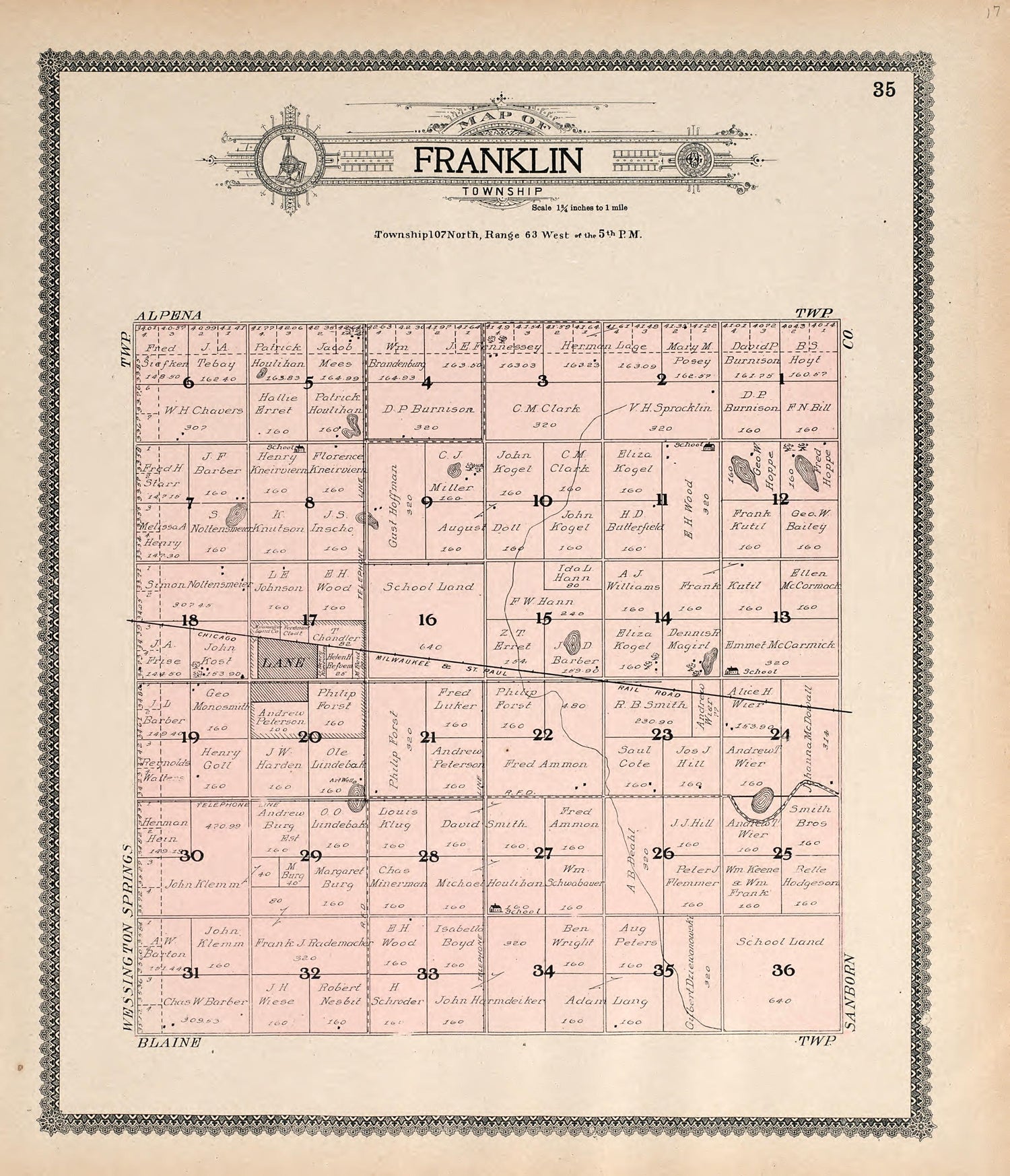 Map of Franklin Township from Standard Atlas of Jerauld County, South Dakota : Including a Plat Book of the Villages, Cities and Townships of the County, Map of the State, United States and World, Patrons Directory, Reference … 1909 by Relic Map Company