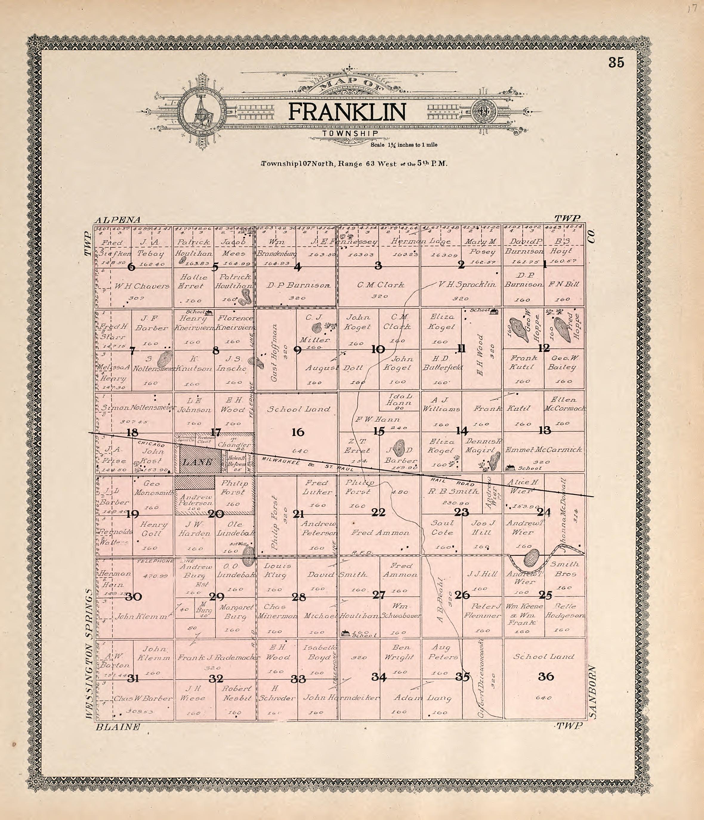 Map of Franklin Township from Standard Atlas of Jerauld County, South Dakota : Including a Plat Book of the Villages, Cities and Townships of the County, Map of the State, United States and World, Patrons Directory, Reference … 1909 by Relic Map Company