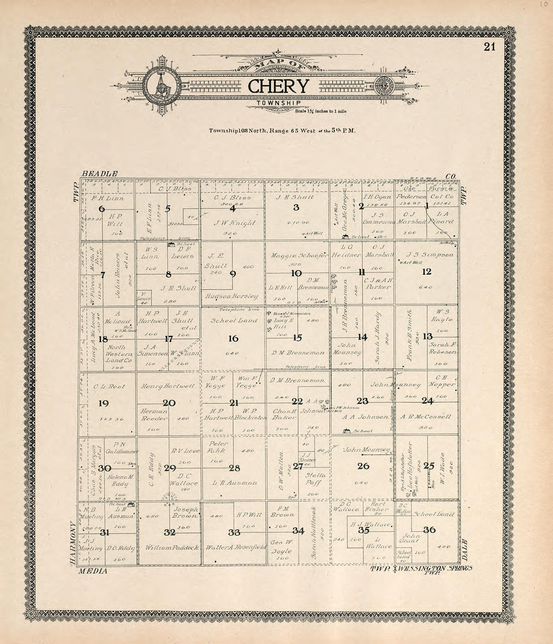 Map of Chery Township from Standard Atlas of Jerauld County, South Dakota : Including a Plat Book of the Villages, Cities and Townships of the County, Map of the State, United States and World, Patrons Directory, Reference … 1909 by Relic Map Company