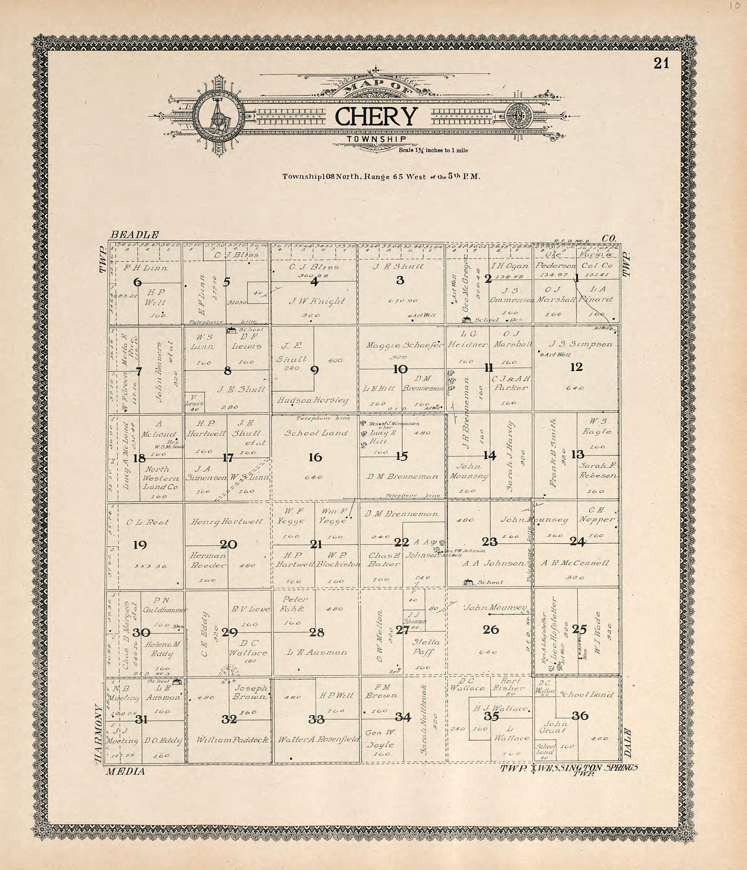 Map of Chery Township from Standard Atlas of Jerauld County, South Dakota : Including a Plat Book of the Villages, Cities and Townships of the County, Map of the State, United States and World, Patrons Directory, Reference … 1909 by Relic Map Company