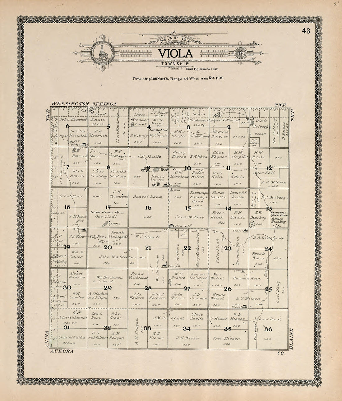 Map of Viola Township from Standard Atlas of Jerauld County, South Dakota : Including a Plat Book of the Villages, Cities and Townships of the County, Map of the State, United States and World, Patrons Directory, Reference … 1909 by Relic Map Company