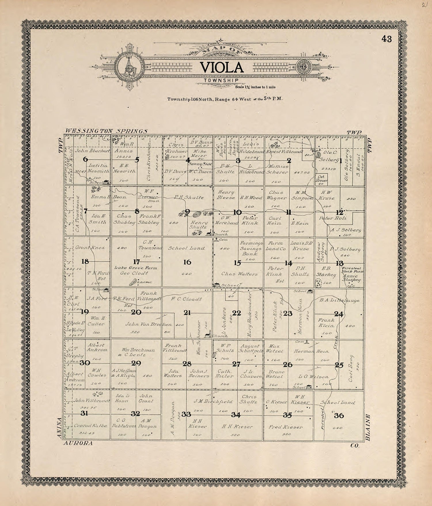 Map of Viola Township from Standard Atlas of Jerauld County, South Dakota : Including a Plat Book of the Villages, Cities and Townships of the County, Map of the State, United States and World, Patrons Directory, Reference … 1909 by Relic Map Company