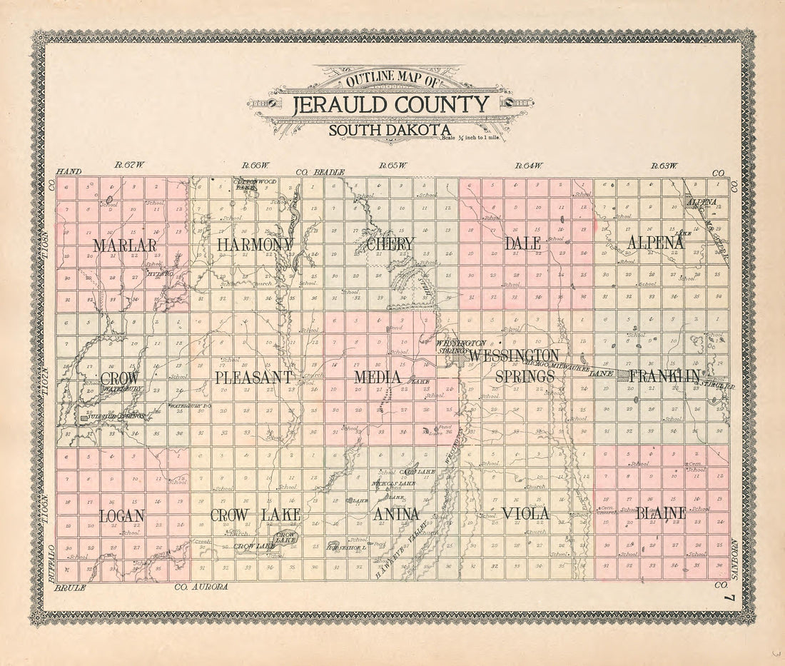 Outline Map of Jerauld County, South Dakota from Standard Atlas of Jerauld County, South Dakota : Including a Plat Book of the Villages, Cities and Townships of the County, Map of the State, United States and World, Patrons Directory, Reference … 1909 by Relic Map Company