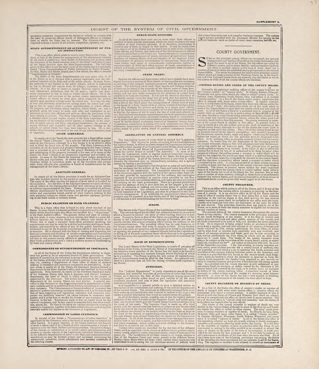 Digest of the System of Civil Government from Standard Atlas of Jerauld County, South Dakota : Including a Plat Book of the Villages, Cities and Townships of the County, Map of the State, United States and World, Patrons Directory, Reference … 1909 by Relic Map Company