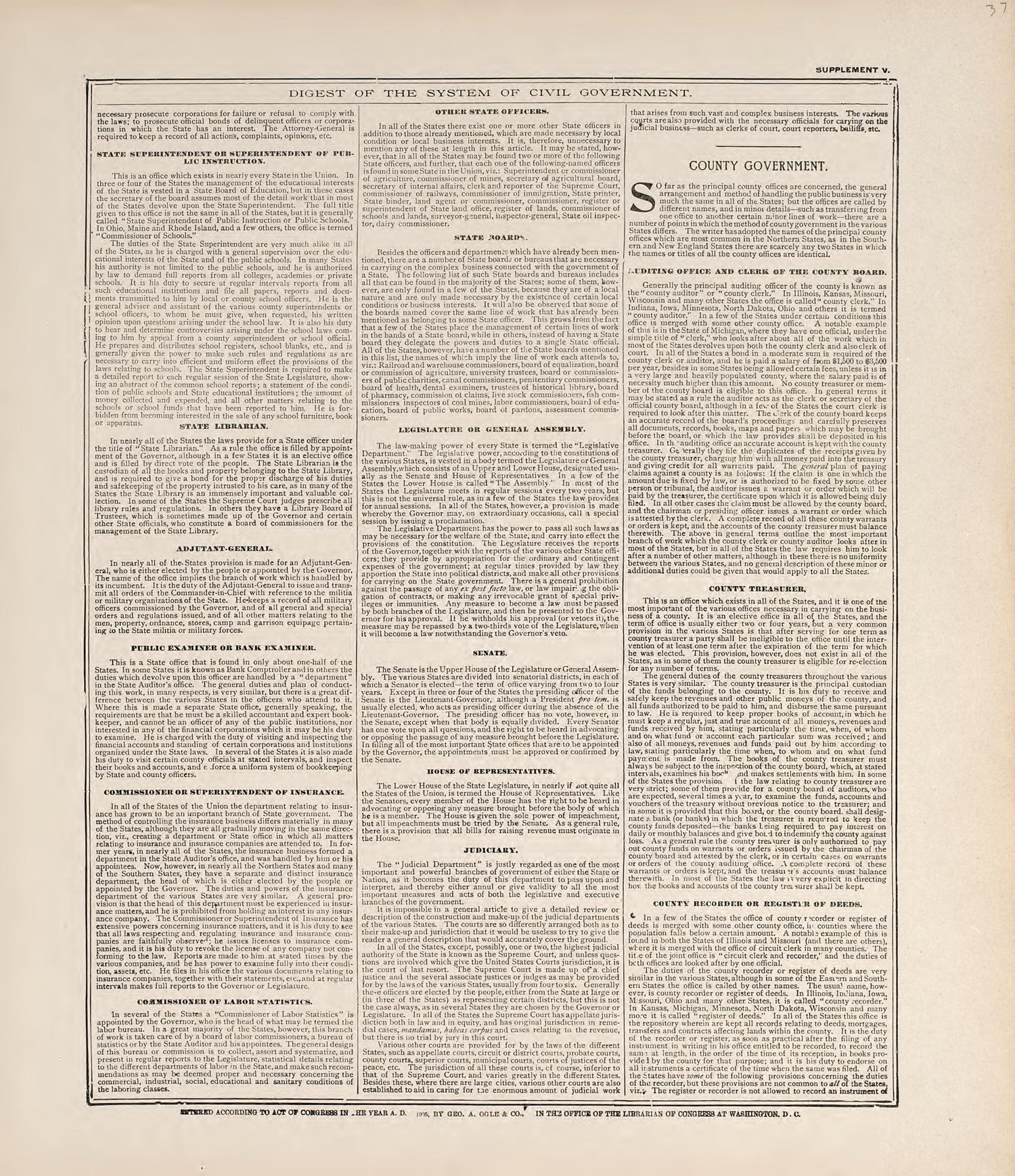 Digest of the System of Civil Government from Standard Atlas of Jerauld County, South Dakota : Including a Plat Book of the Villages, Cities and Townships of the County, Map of the State, United States and World, Patrons Directory, Reference … 1909 by Relic Map Company
