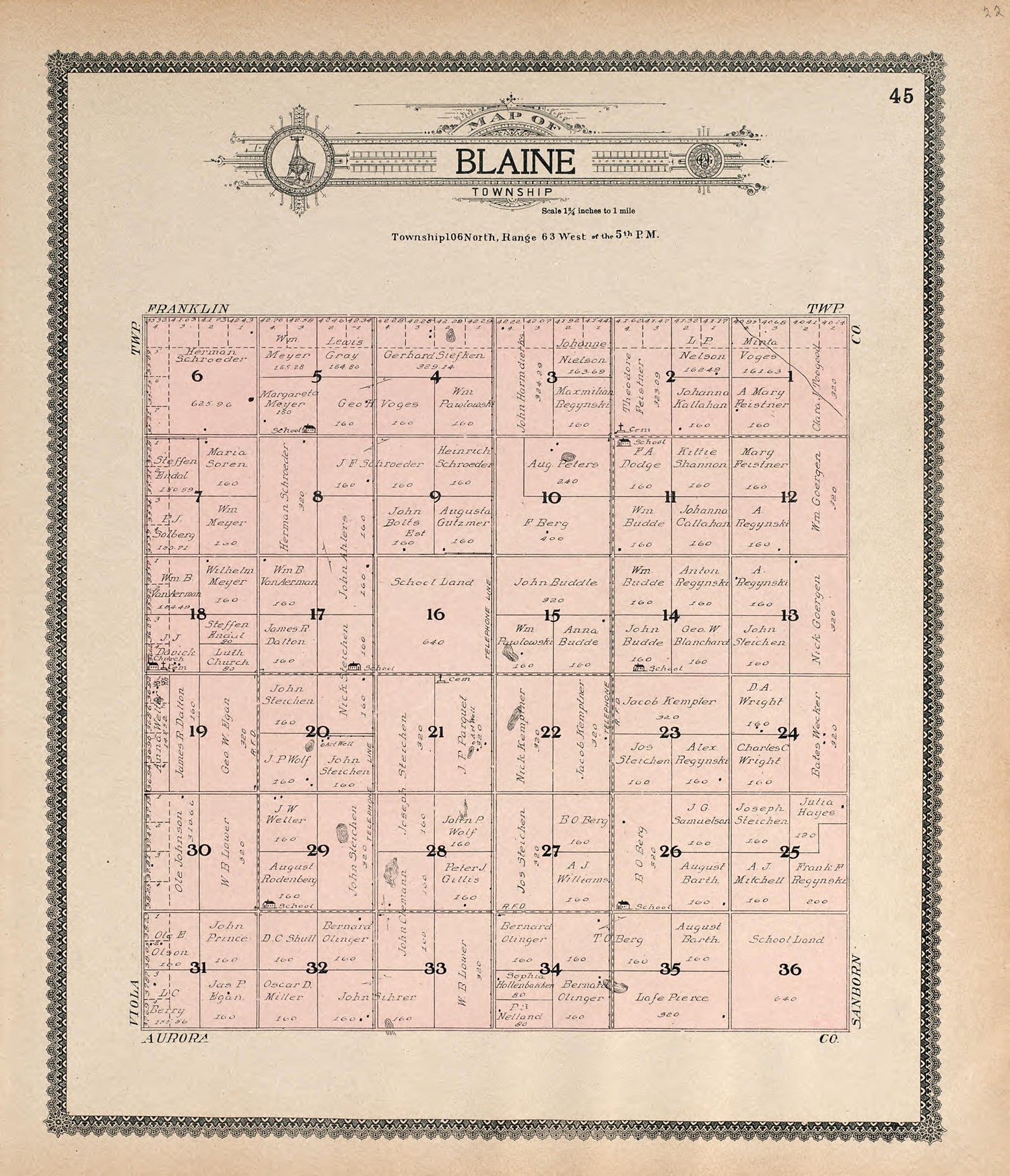 Map of Blaine Township from Standard Atlas of Jerauld County, South Dakota : Including a Plat Book of the Villages, Cities and Townships of the County, Map of the State, United States and World, Patrons Directory, Reference … 1909 by Relic Map Company