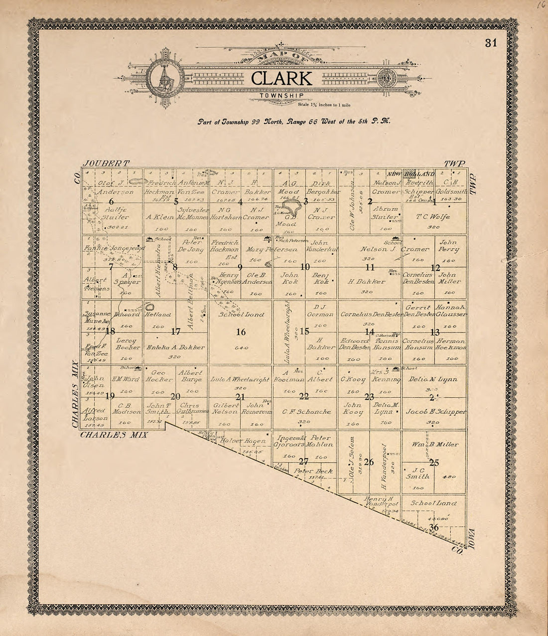 Map of Clark Township from Standard Atlas of Douglas County, South Dakota : Including a Plat Book of the Villages, Cities and Townships of the County, Map of the State, United States and World, Patrons Directory, Reference … 1909 by Relic Map Company