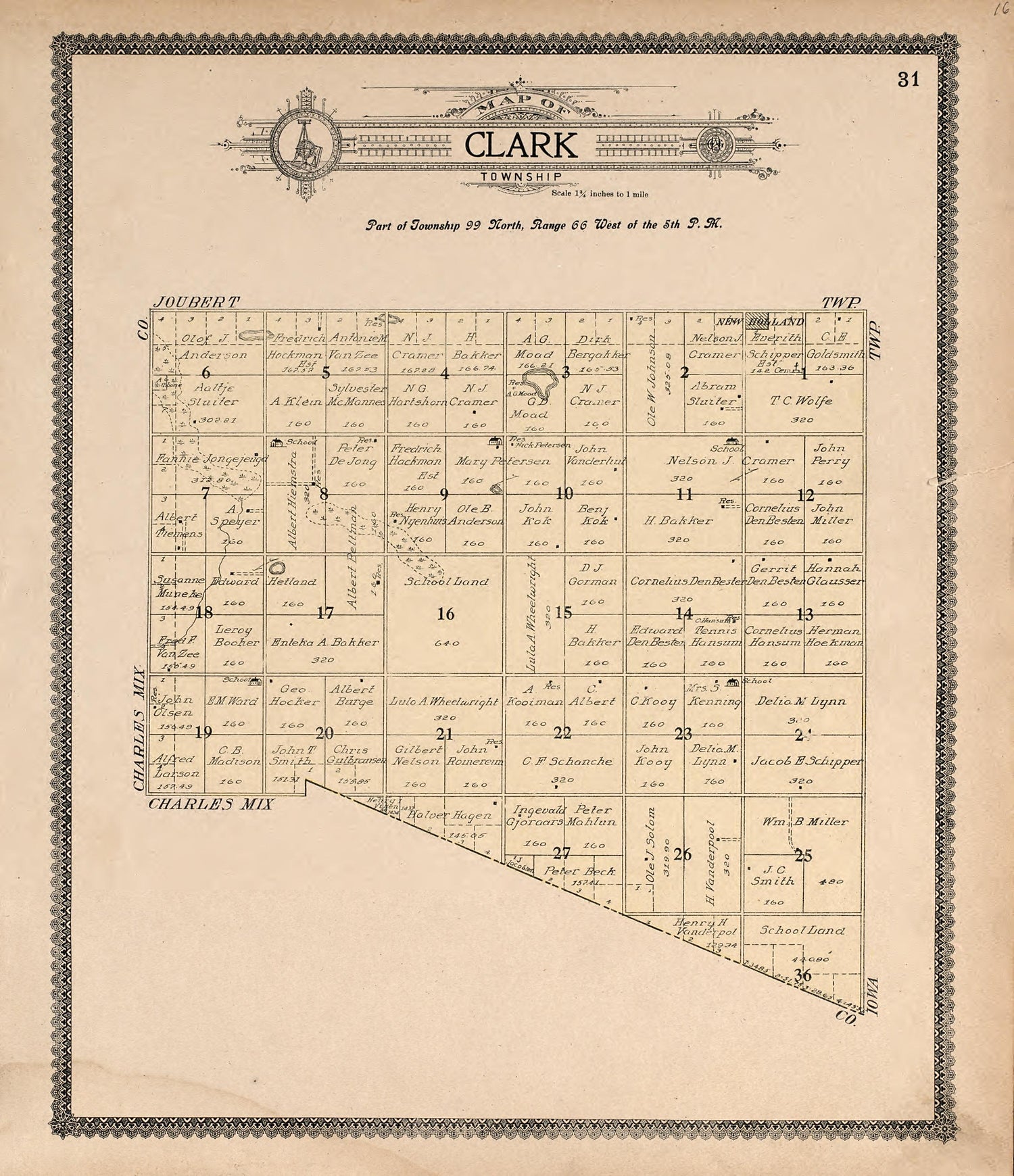 Map of Clark Township from Standard Atlas of Douglas County, South Dakota : Including a Plat Book of the Villages, Cities and Townships of the County, Map of the State, United States and World, Patrons Directory, Reference … 1909 by Relic Map Company