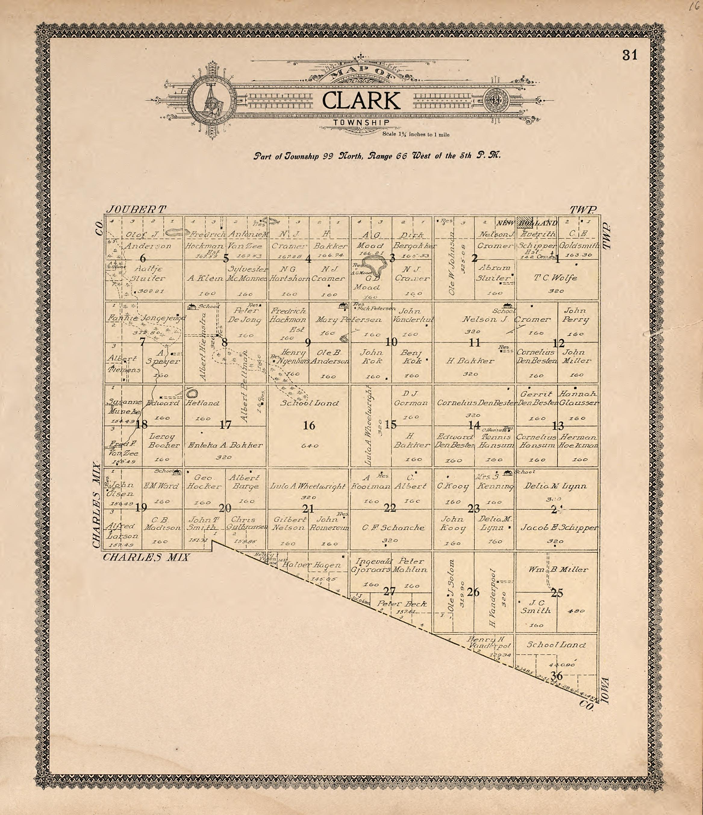 Map of Clark Township from Standard Atlas of Douglas County, South Dakota : Including a Plat Book of the Villages, Cities and Townships of the County, Map of the State, United States and World, Patrons Directory, Reference … 1909 by Relic Map Company