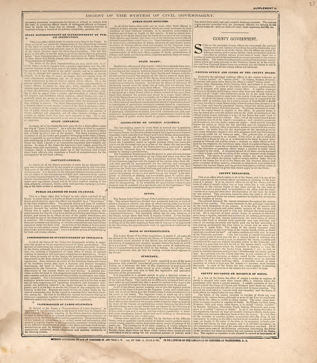 Digest of the System of Civil Government from Standard Atlas of Douglas County, South Dakota : Including a Plat Book of the Villages, Cities and Townships of the County, Map of the State, United States and World, Patrons Directory, Reference … 1909 by Relic Map Company