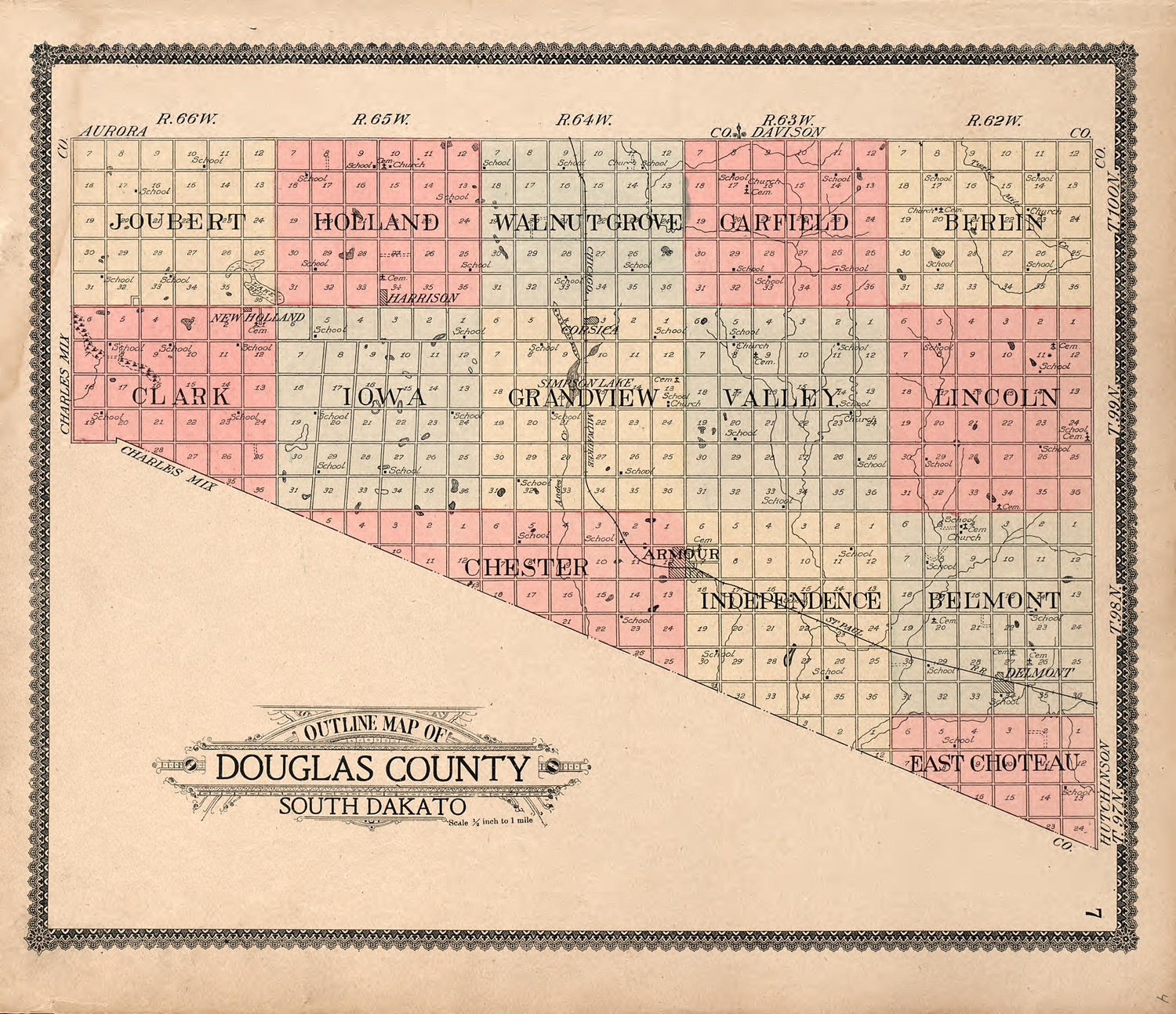 Outline Map of Douglas County, South Dakato from Standard Atlas of Douglas County, South Dakota : Including a Plat Book of the Villages, Cities and Townships of the County, Map of the State, United States and World, Patrons Directory, Reference … 1909 by Relic Map Company