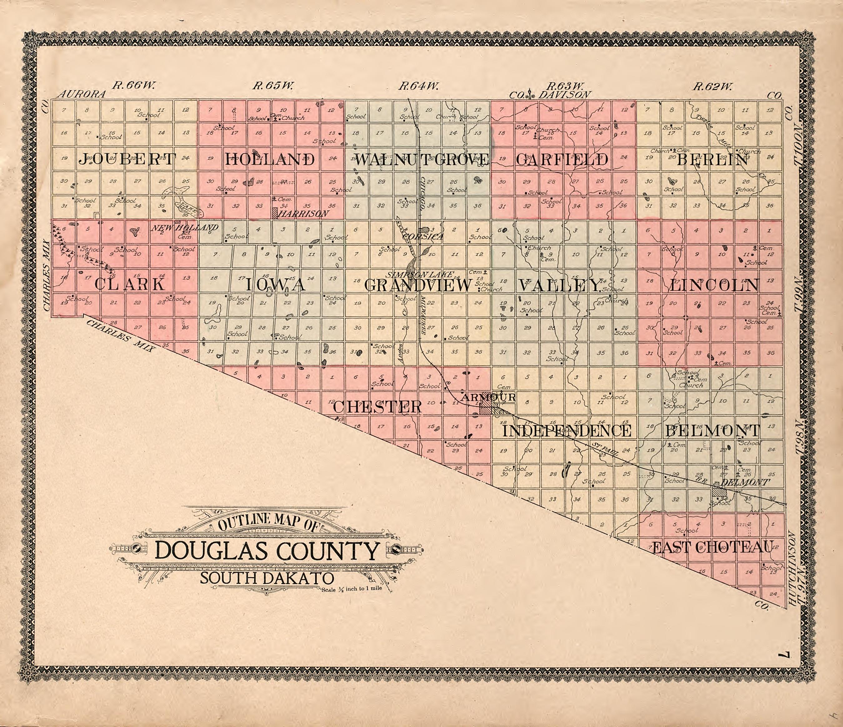 Outline Map of Douglas County, South Dakato from Standard Atlas of Douglas County, South Dakota : Including a Plat Book of the Villages, Cities and Townships of the County, Map of the State, United States and World, Patrons Directory, Reference … 1909 by Relic Map Company