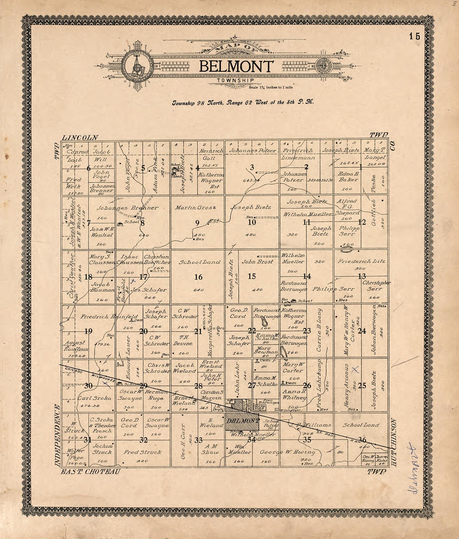 Map of Belmont Township from Standard Atlas of Douglas County, South Dakota : Including a Plat Book of the Villages, Cities and Townships of the County, Map of the State, United States and World, Patrons Directory, Reference … 1909 by Relic Map Company