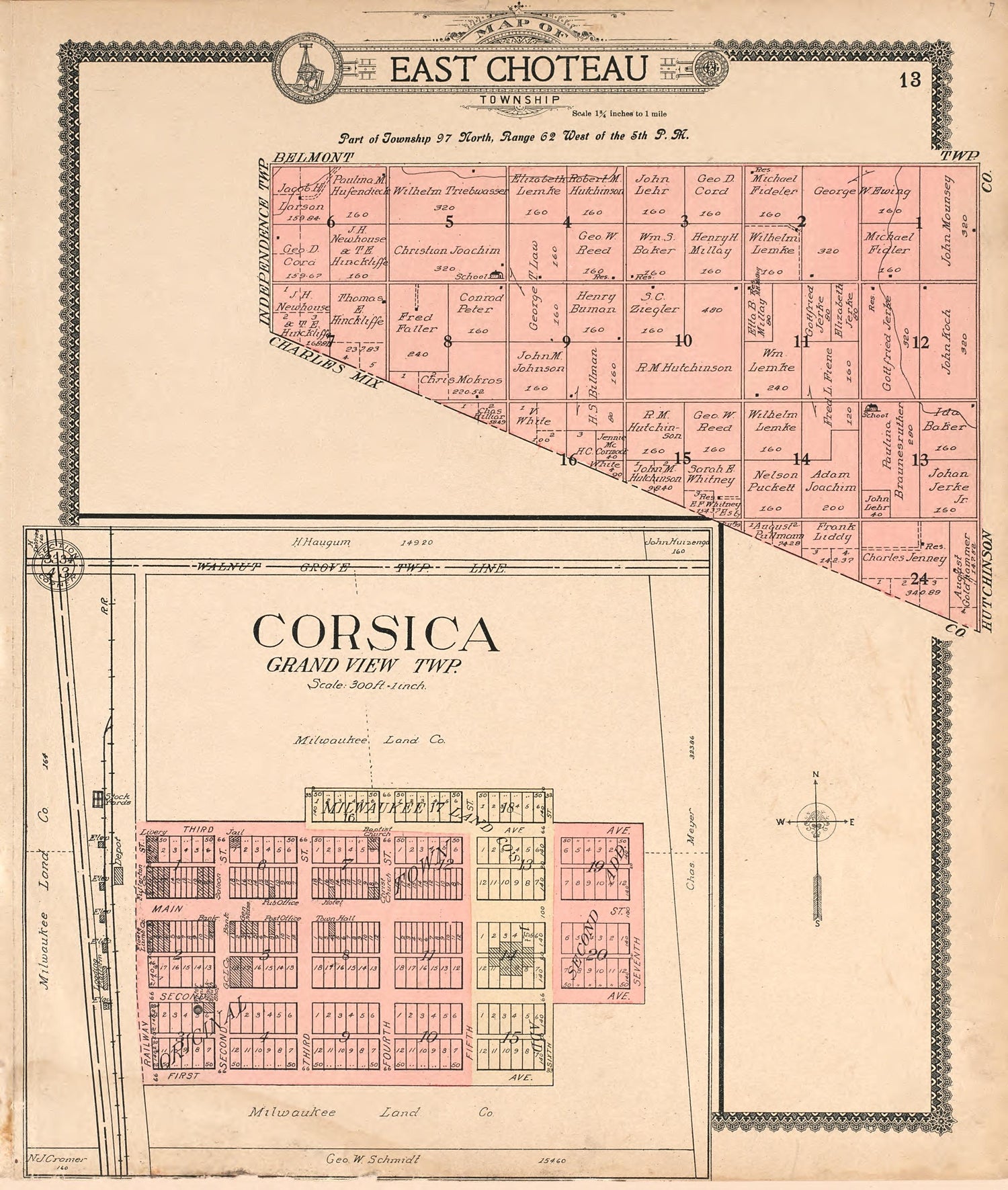 Map of East Choteau Township; Corsica, Grand View Township from Standard Atlas of Douglas County, South Dakota : Including a Plat Book of the Villages, Cities and Townships of the County, Map of the State, United States and World, Patrons Directory, R... by Relic Map Company