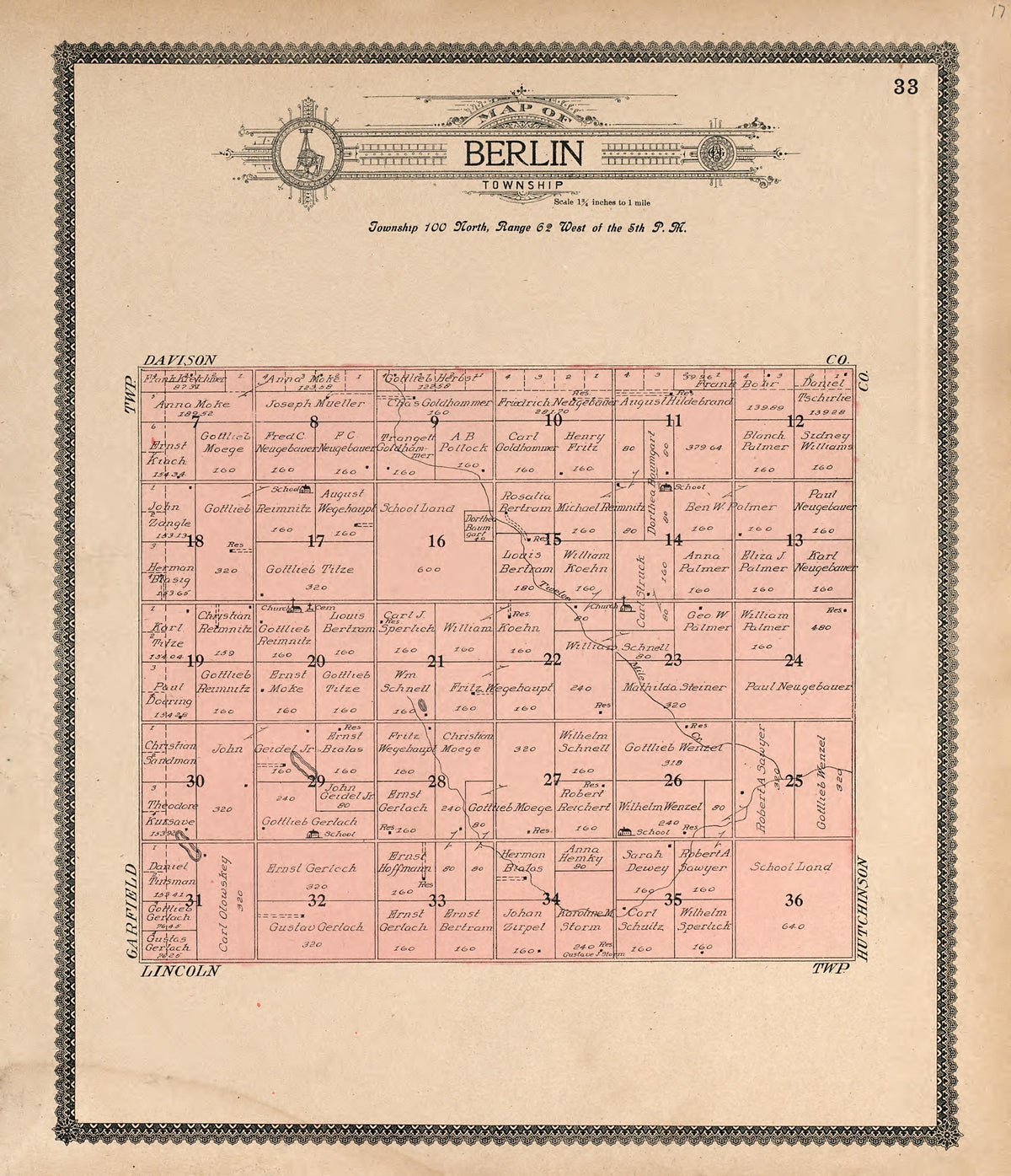 Map of Berlin Township from Standard Atlas of Douglas County, South Dakota : Including a Plat Book of the Villages, Cities and Townships of the County, Map of the State, United States and World, Patrons Directory, Reference … 1909 by Relic Map Company