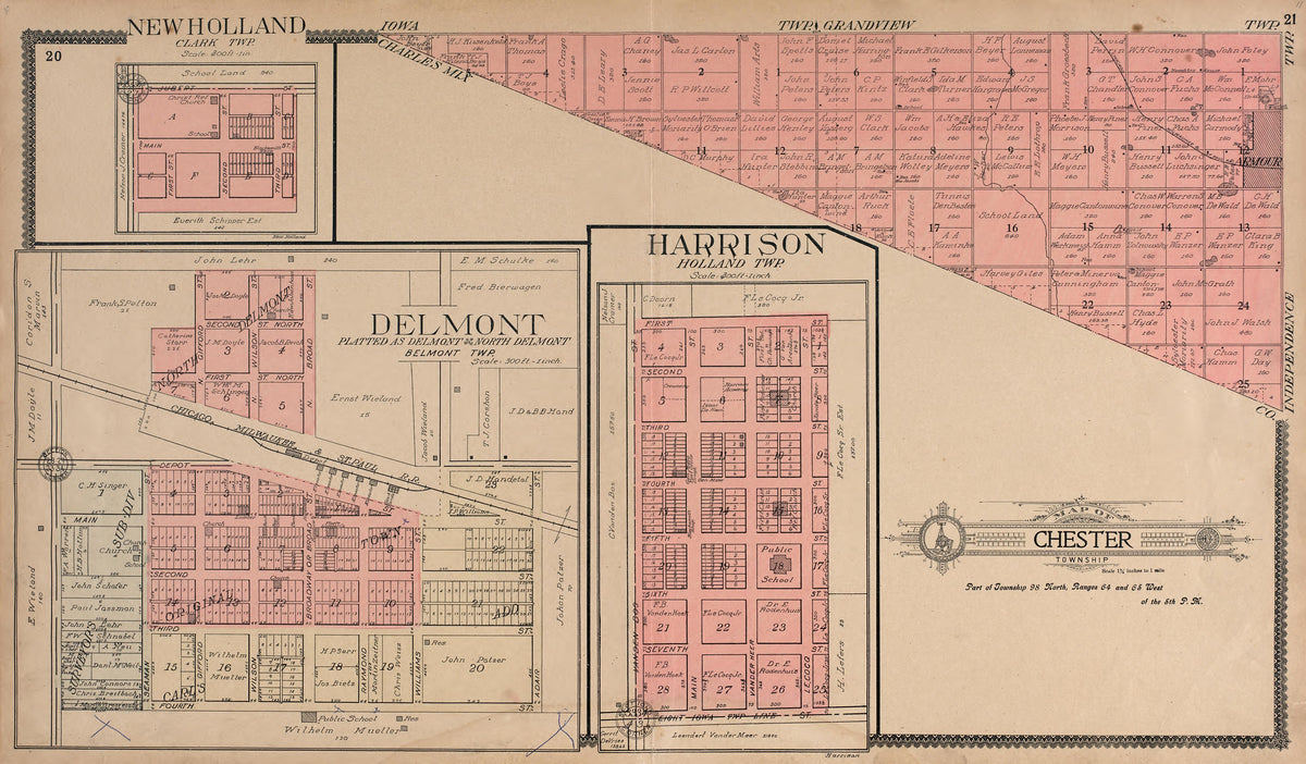 New Holland; Delmont; Harrison; Chester from Standard Atlas of Douglas County, South Dakota : Including a Plat Book of the Villages, Cities and Townships of the County, Map of the State, United States and World, Patrons Directory, Reference … 1909 by Relic Map Company