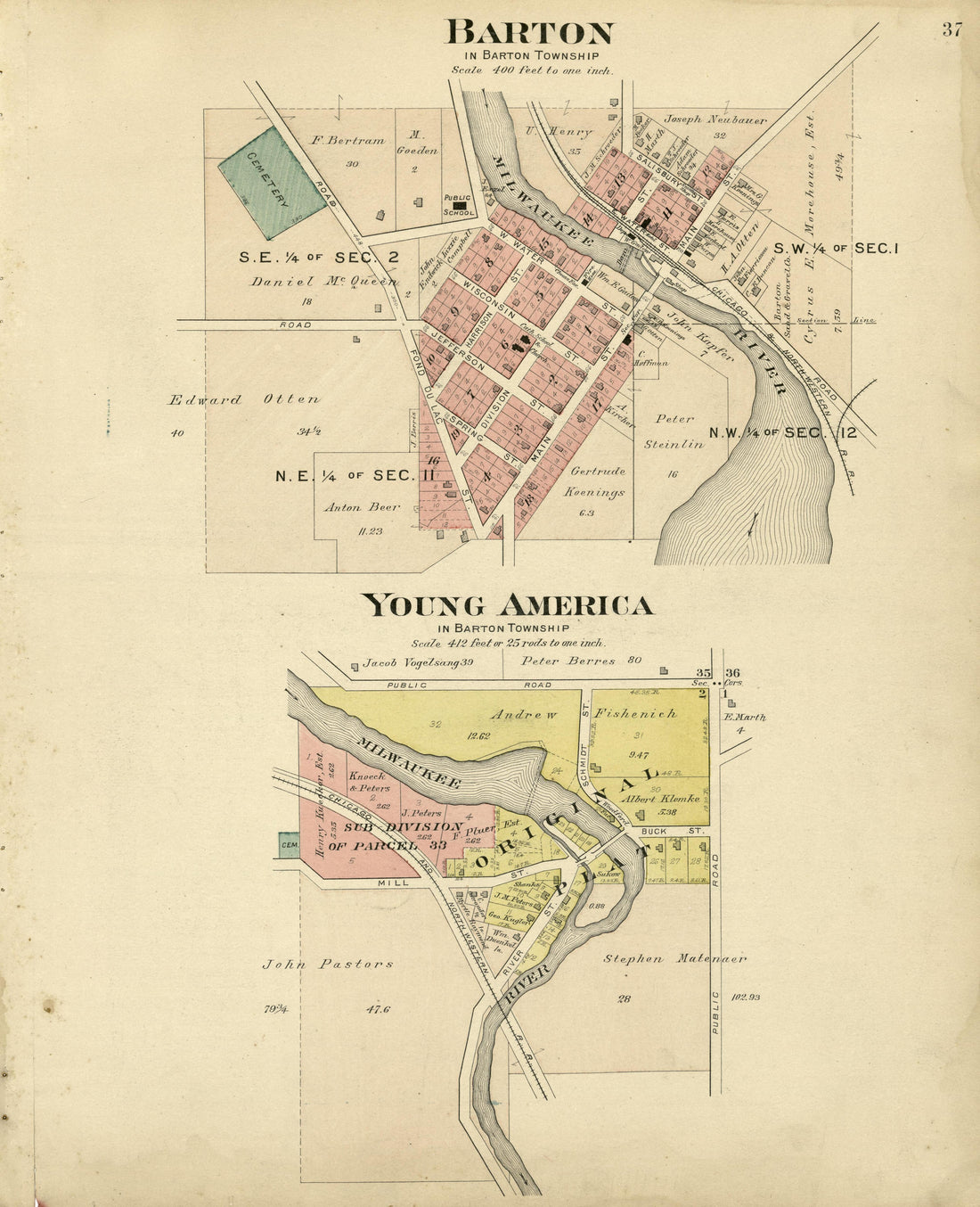 Barton; Young America from Plat Book of Washington and Ozaukee Counties, Wisconsin : Compiled from County Records and Actual Surveys 1915 by Relic Map Company