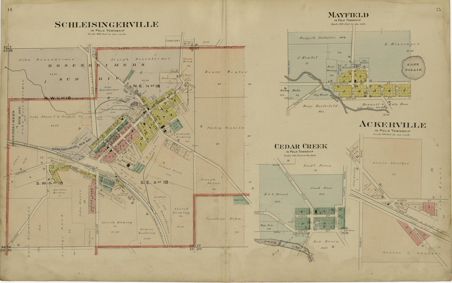Schleisingerville; Mayfield; Cedar Creek; Ackerville from Plat Book of Washington and Ozaukee Counties, Wisconsin : Compiled from County Records and Actual Surveys 1915 by Relic Map Company