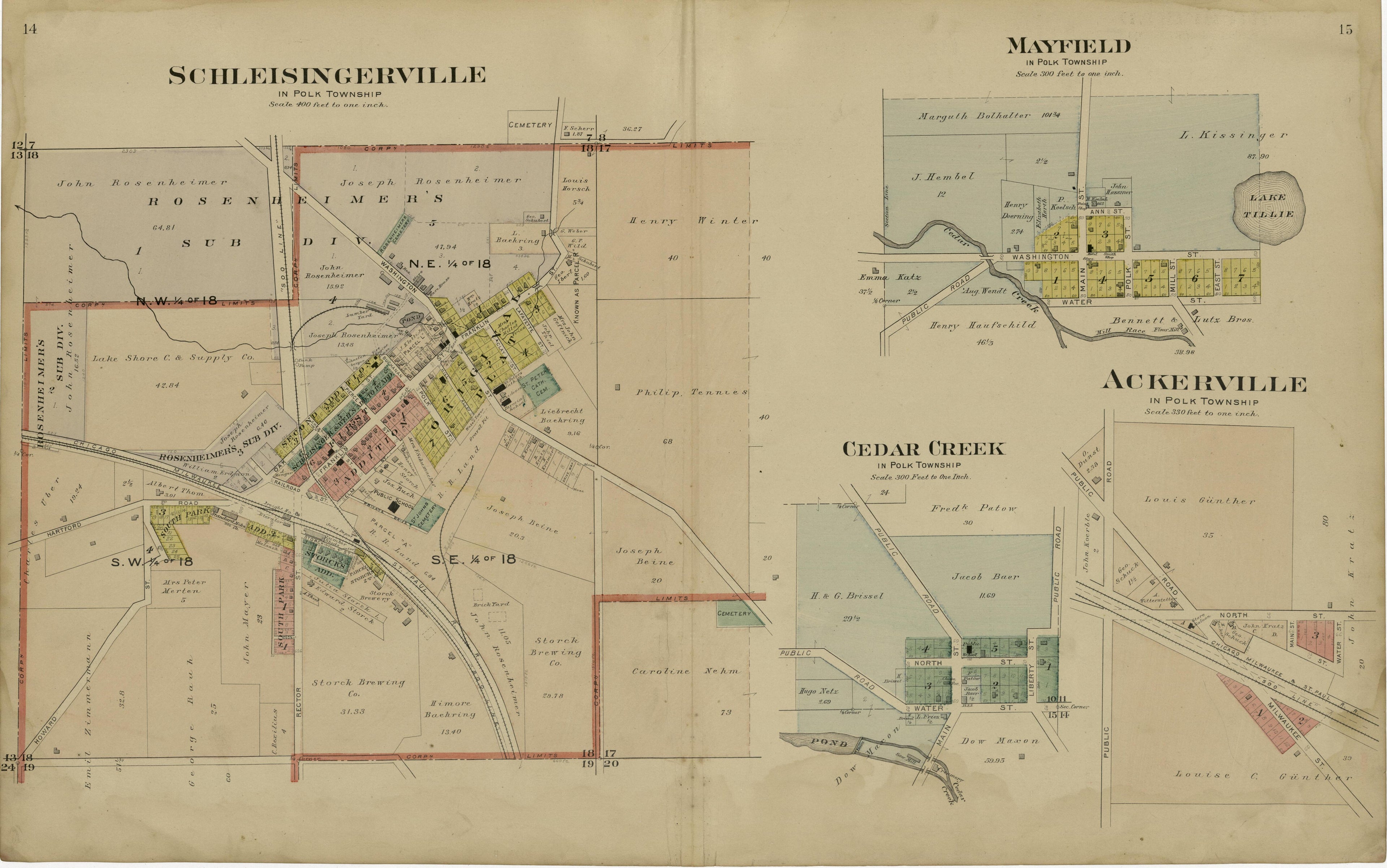 Schleisingerville; Mayfield; Cedar Creek; Ackerville from Plat Book of Washington and Ozaukee Counties, Wisconsin : Compiled from County Records and Actual Surveys 1915 by Relic Map Company