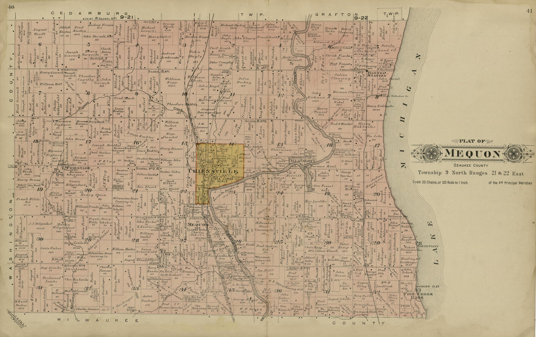 Plat of Mequon, Ozaukee County from Plat Book of Washington and Ozaukee Counties, Wisconsin : Compiled from County Records and Actual Surveys 1915 by Relic Map Company