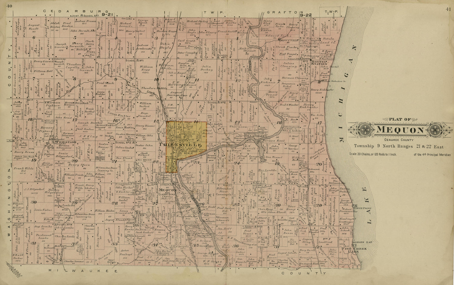 Plat of Mequon, Ozaukee County from Plat Book of Washington and Ozaukee Counties, Wisconsin : Compiled from County Records and Actual Surveys 1915 by Relic Map Company