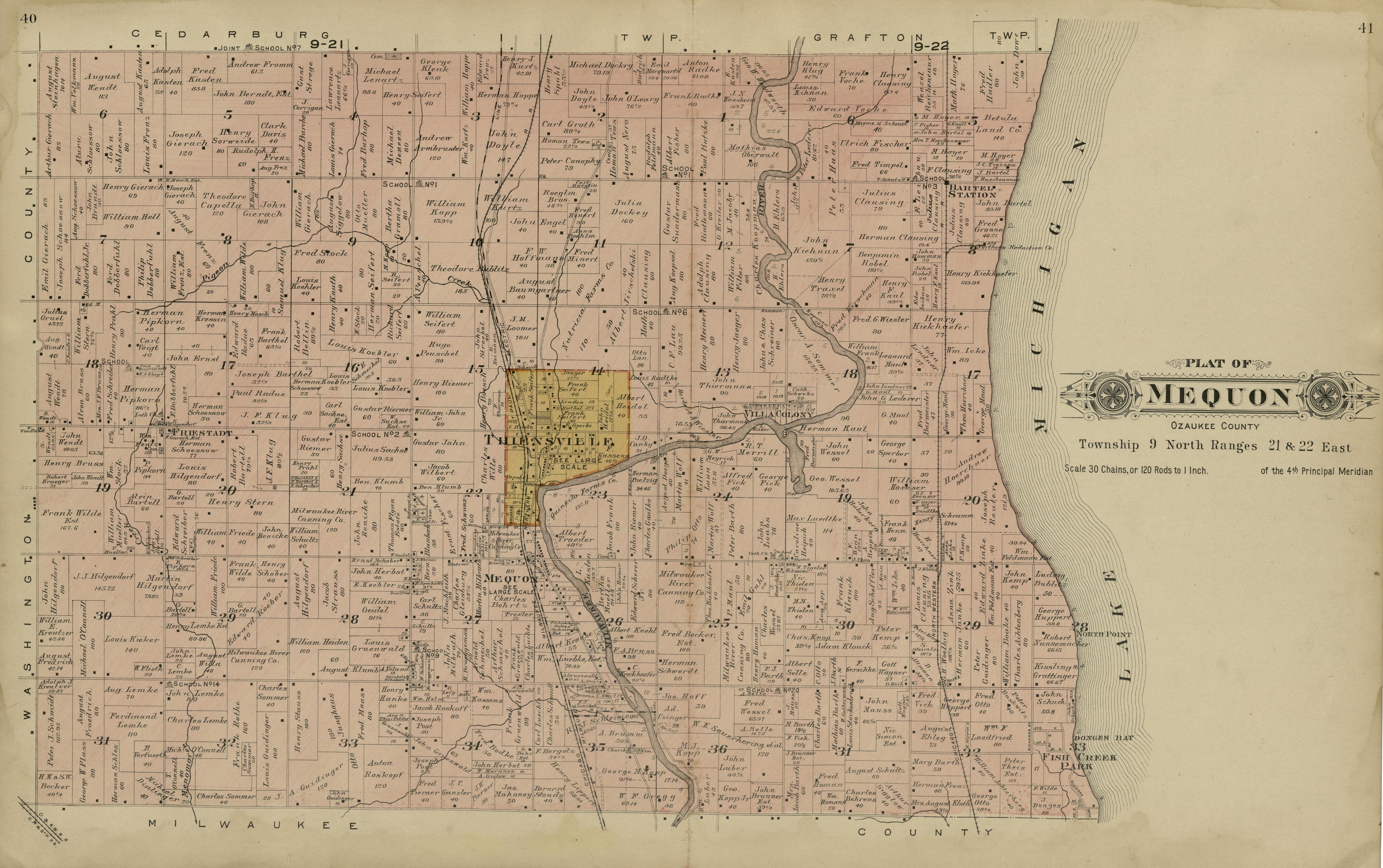 Plat of Mequon, Ozaukee County from Plat Book of Washington and Ozaukee Counties, Wisconsin : Compiled from County Records and Actual Surveys 1915 by Relic Map Company