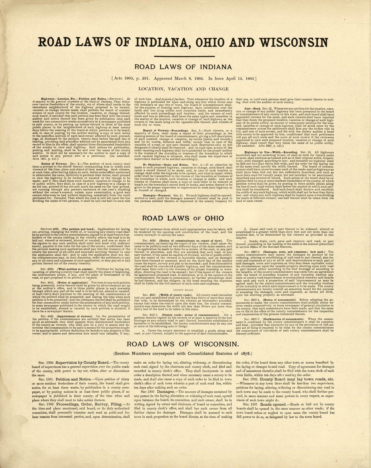 Road Laws of Indiana, Ohio and Wisconsin from Plat Book of Washington and Ozaukee Counties, Wisconsin : Compiled from County Records and Actual Surveys 1915 by Relic Map Company