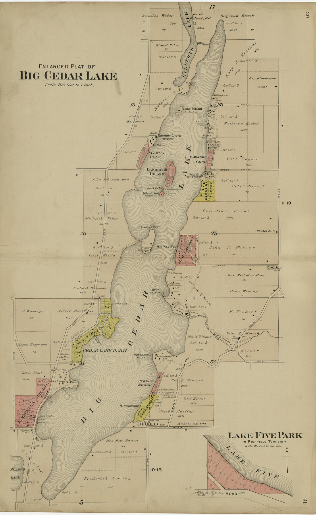 Enlarged Plat of Big Cedar Lake; Lake Five Park from Plat Book of Washington and Ozaukee Counties, Wisconsin : Compiled from County Records and Actual Surveys 1915 by Relic Map Company