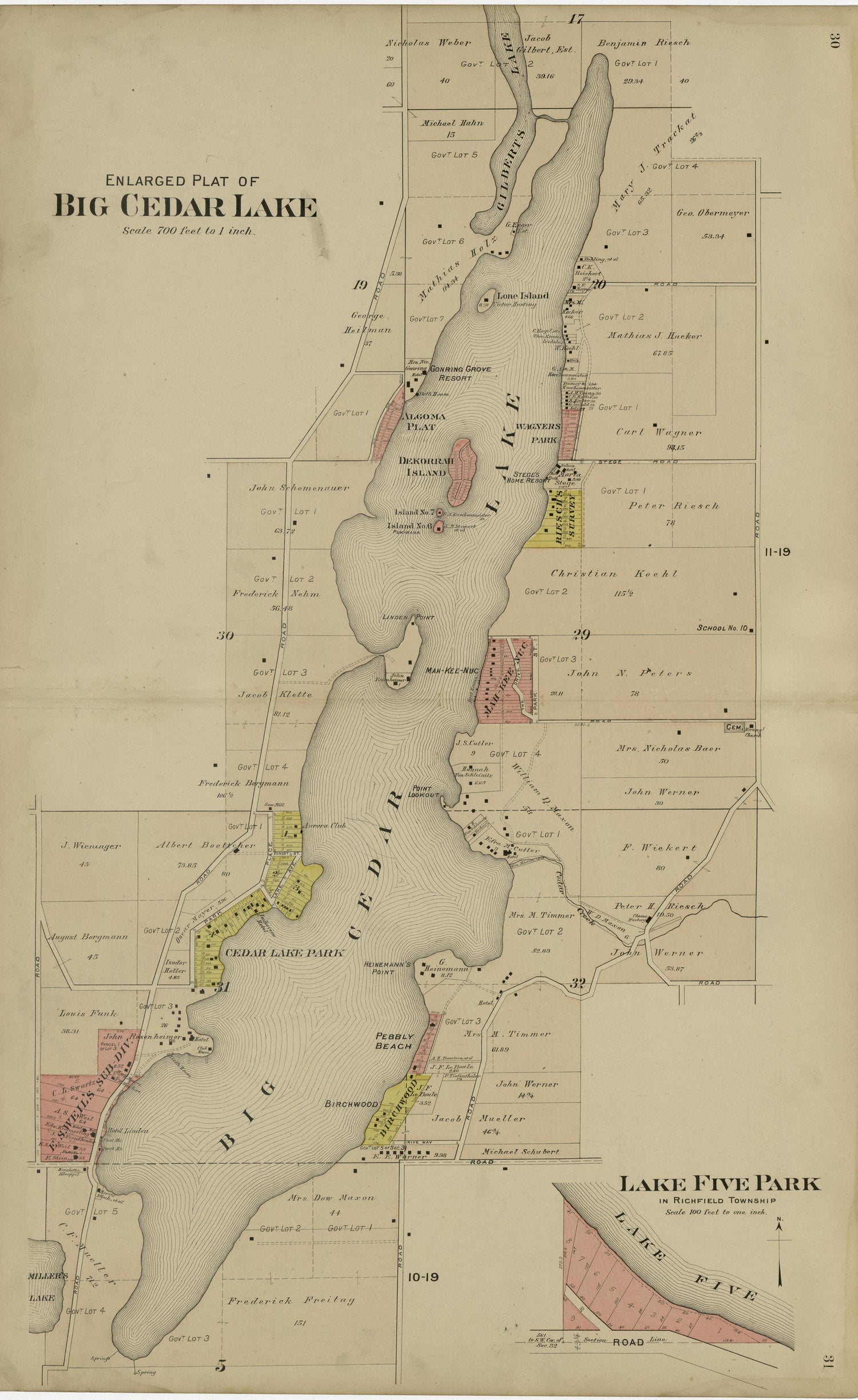 Enlarged Plat of Big Cedar Lake; Lake Five Park from Plat Book of Washington and Ozaukee Counties, Wisconsin : Compiled from County Records and Actual Surveys 1915 by Relic Map Company