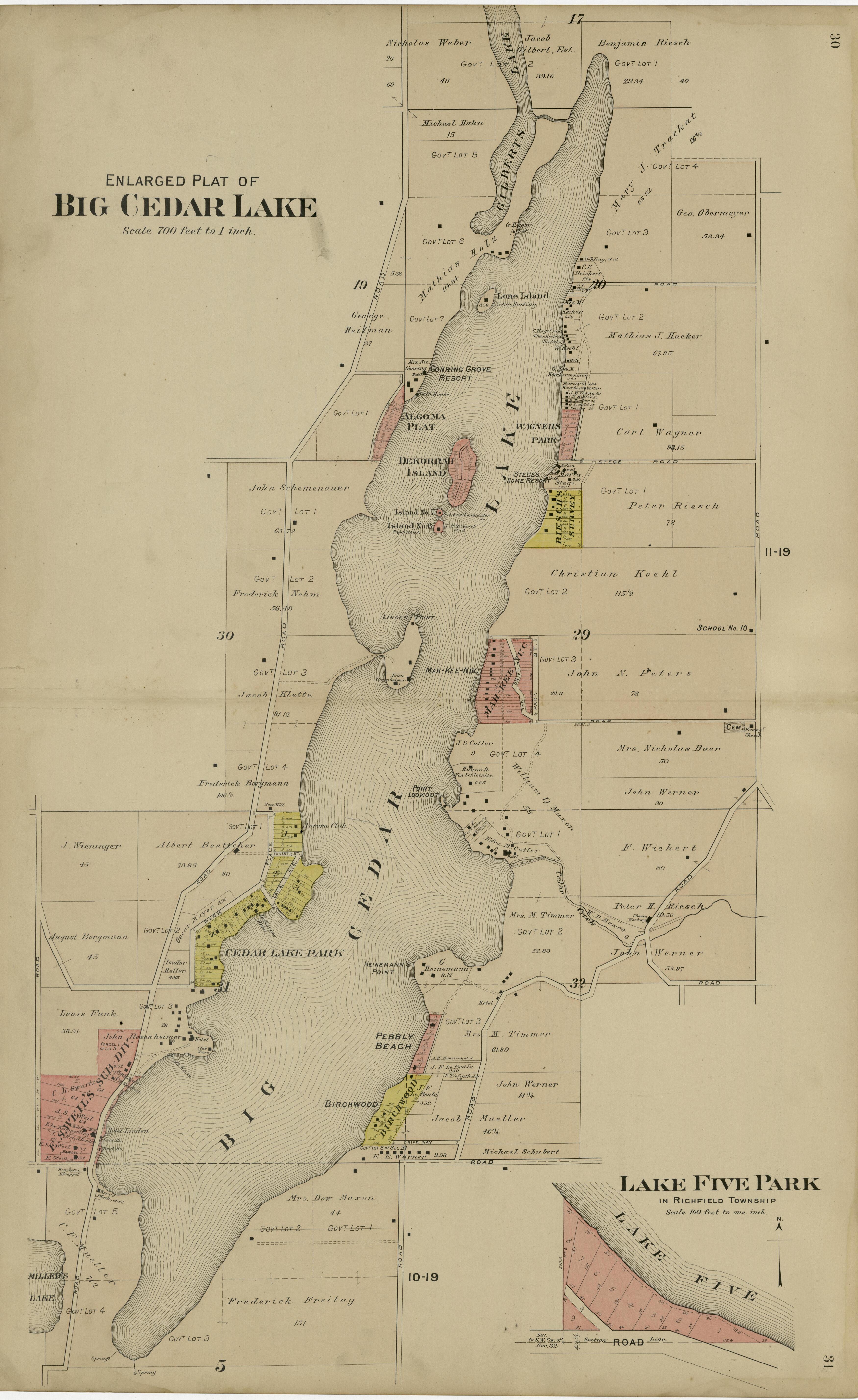Enlarged Plat of Big Cedar Lake; Lake Five Park from Plat Book of Washington and Ozaukee Counties, Wisconsin : Compiled from County Records and Actual Surveys 1915 by Relic Map Company