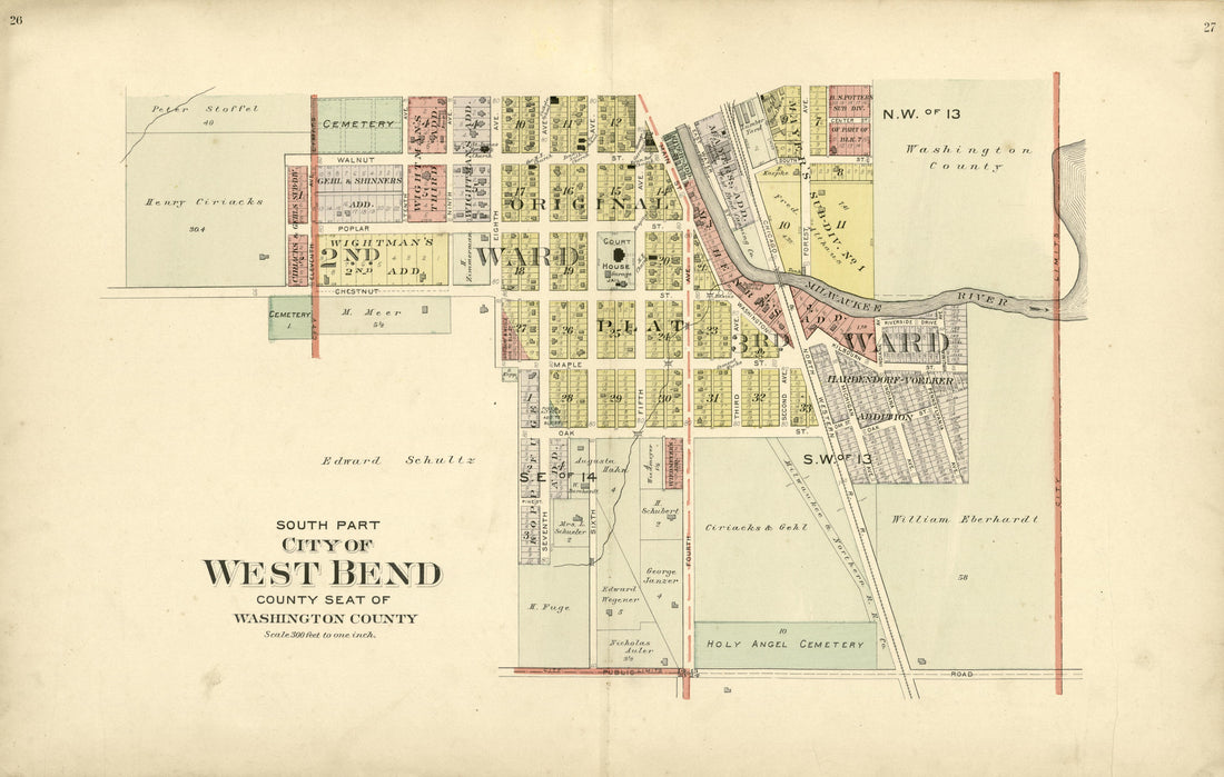 Souht Part: City of West Bend, County Seat of Washington County from Plat Book of Washington and Ozaukee Counties, Wisconsin : Compiled from County Records and Actual Surveys 1915 by Relic Map Company
