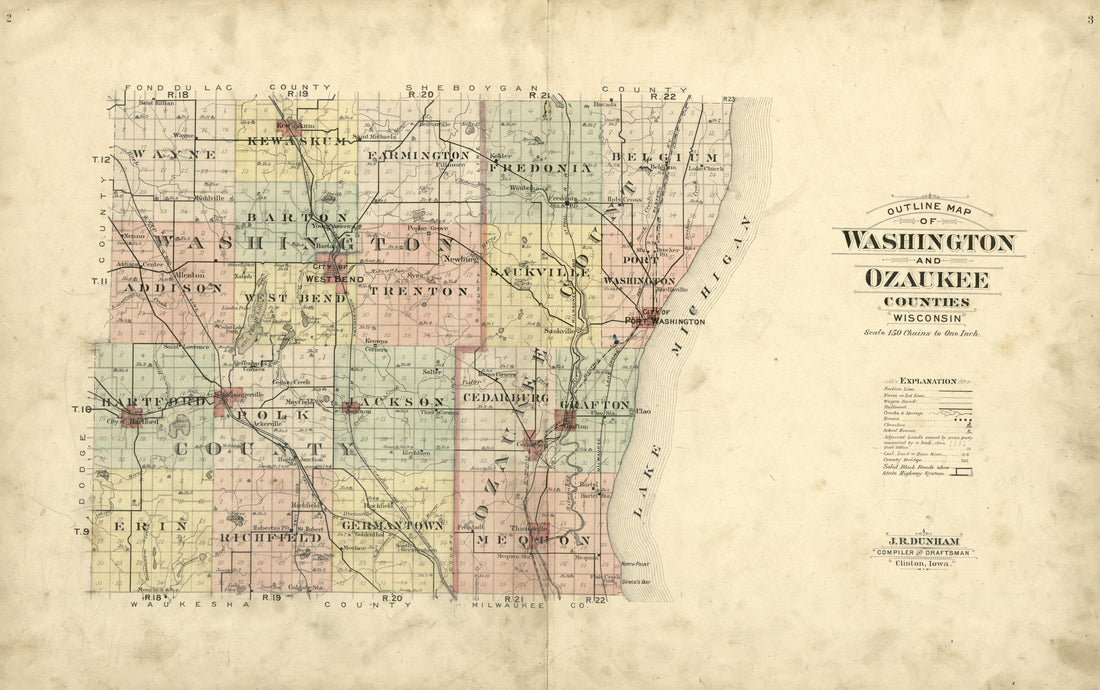 Outline Map of Washington and Ozaukee Counties, Wisonsin from Plat Book of Washington and Ozaukee Counties, Wisconsin : Compiled from County Records and Actual Surveys 1915 by Relic Map Company