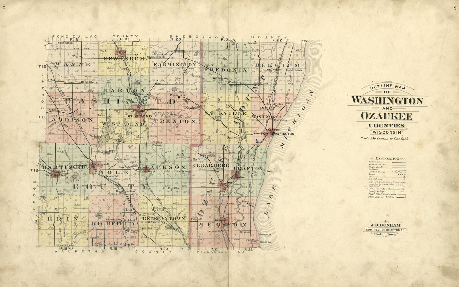 Outline Map of Washington and Ozaukee Counties, Wisonsin from Plat Book of Washington and Ozaukee Counties, Wisconsin : Compiled from County Records and Actual Surveys 1915 by Relic Map Company