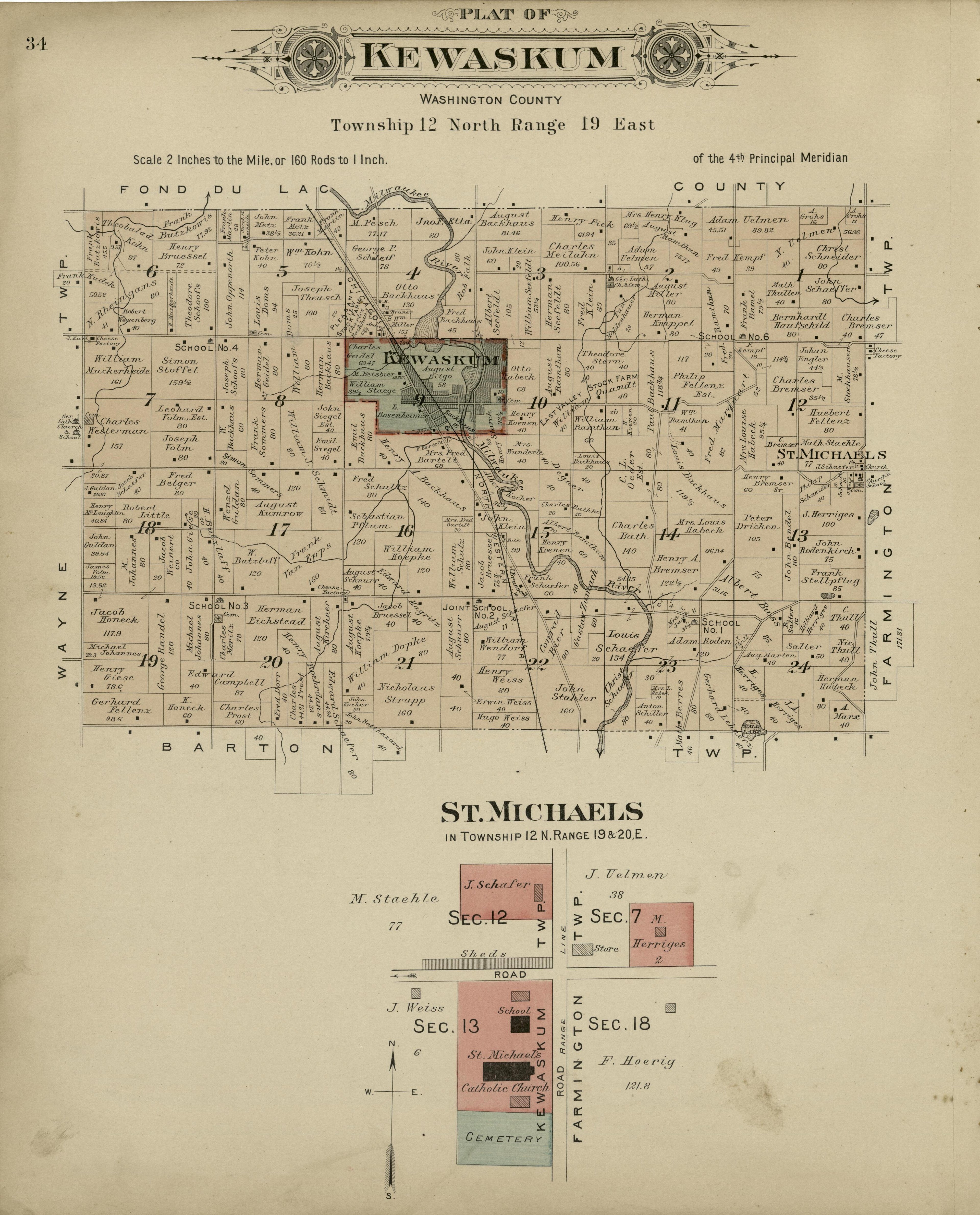 Plat of Kewaskum, Washington County; St. Michaels from Plat Book of Washington and Ozaukee Counties, Wisconsin : Compiled from County Records and Actual Surveys 1915 by Relic Map Company