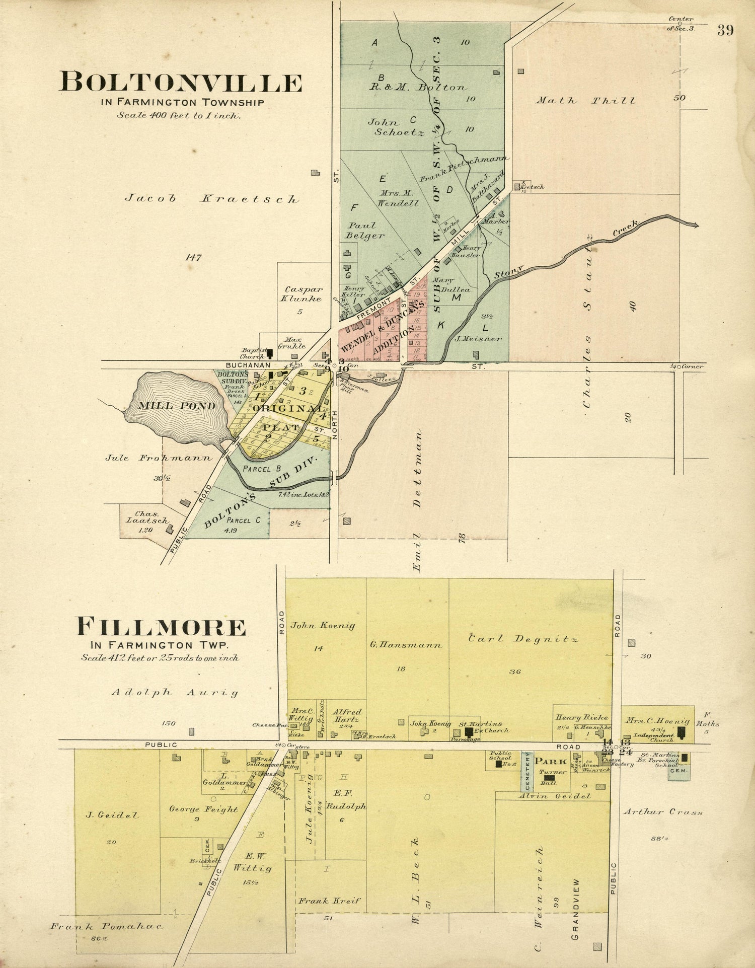 Boltonville; Fillmore from Plat Book of Washington and Ozaukee Counties, Wisconsin : Compiled from County Records and Actual Surveys 1915 by Relic Map Company