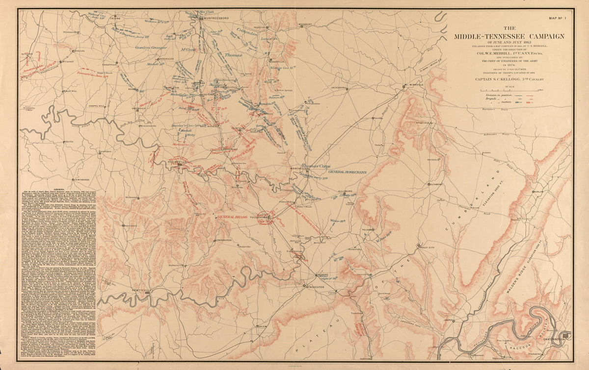 Map No. 1: the Middle-Tennessee Campaign of June and July 1863 from the Middle Tennessee and Chattanooga Campaigns of June, July, August, and September 1863 1891 by Relic Map Company